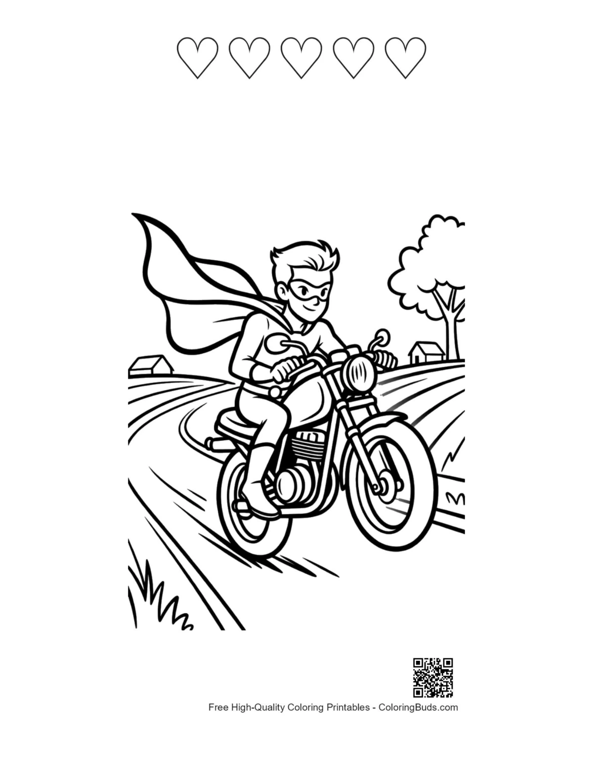 Caped hero printable with 5 hearts outline