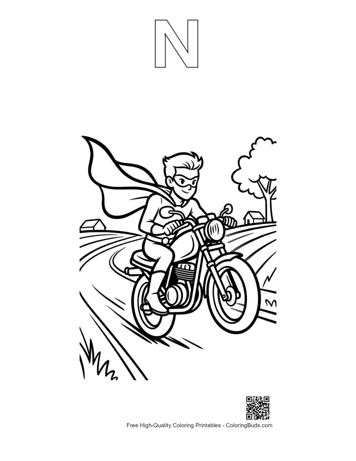 Caped hero outline alphabet N printable