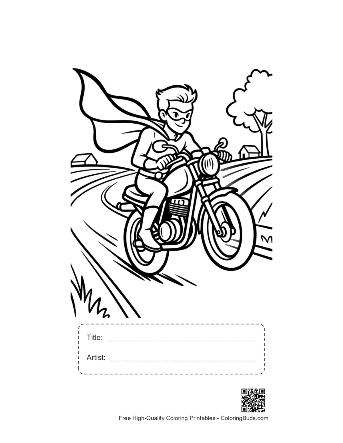 Caped hero printable with title artist box