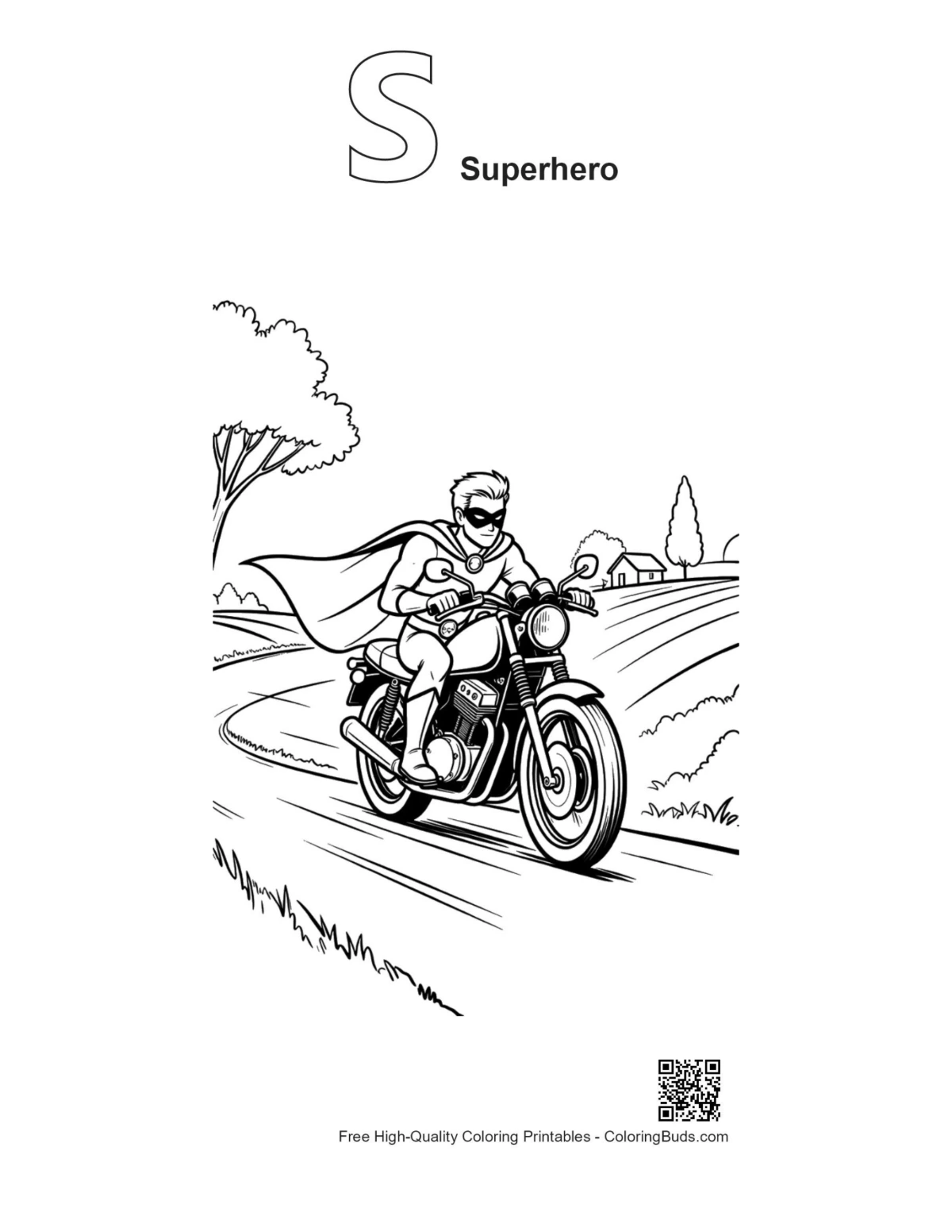 Caped hero alphabet S superhero coloring outline