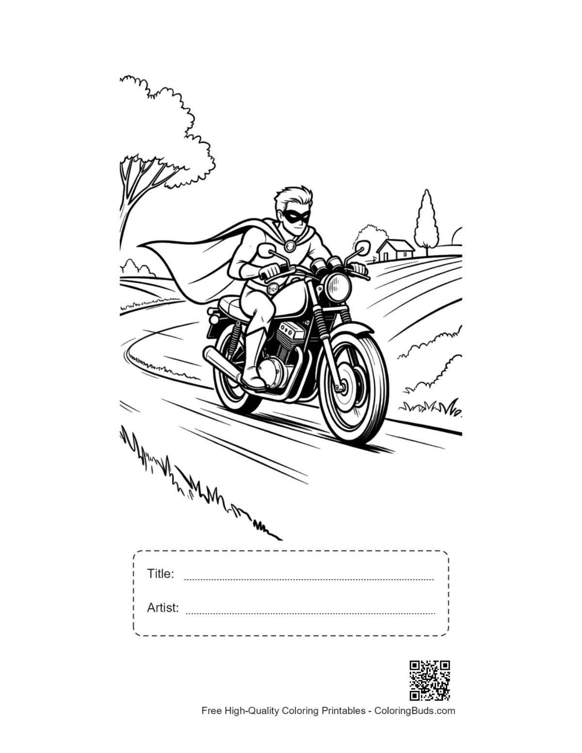 Printable caped hero page with title artist box