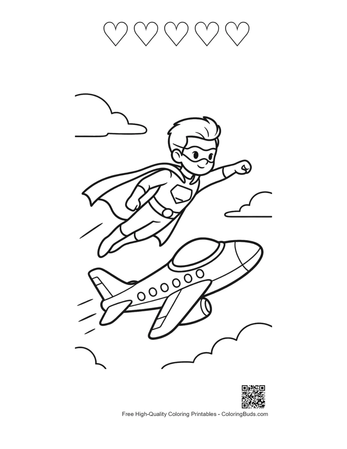 Caped hero printable with 5 hearts