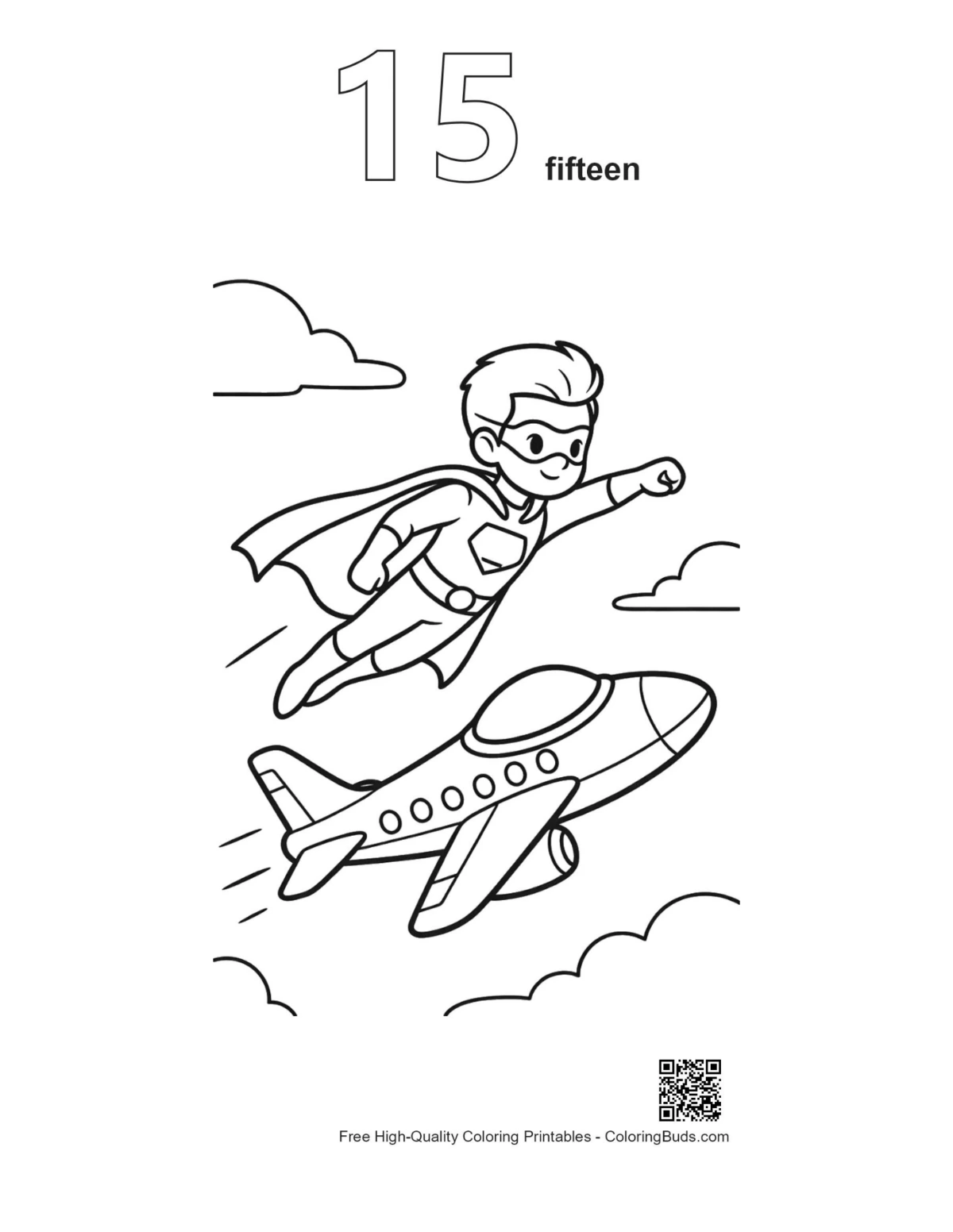 Caped hero coloring outline number 15 printable