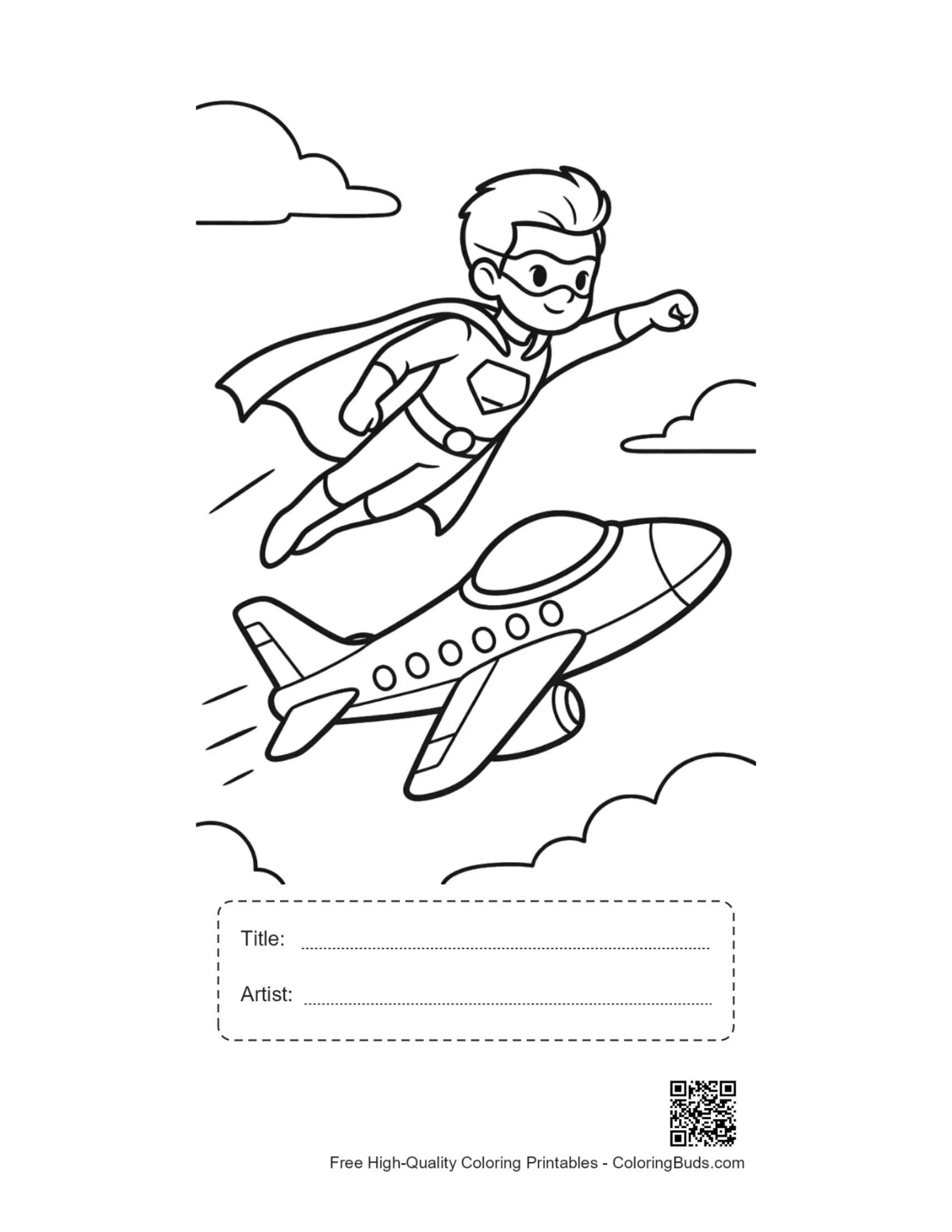 Caped hero printable with title artist box