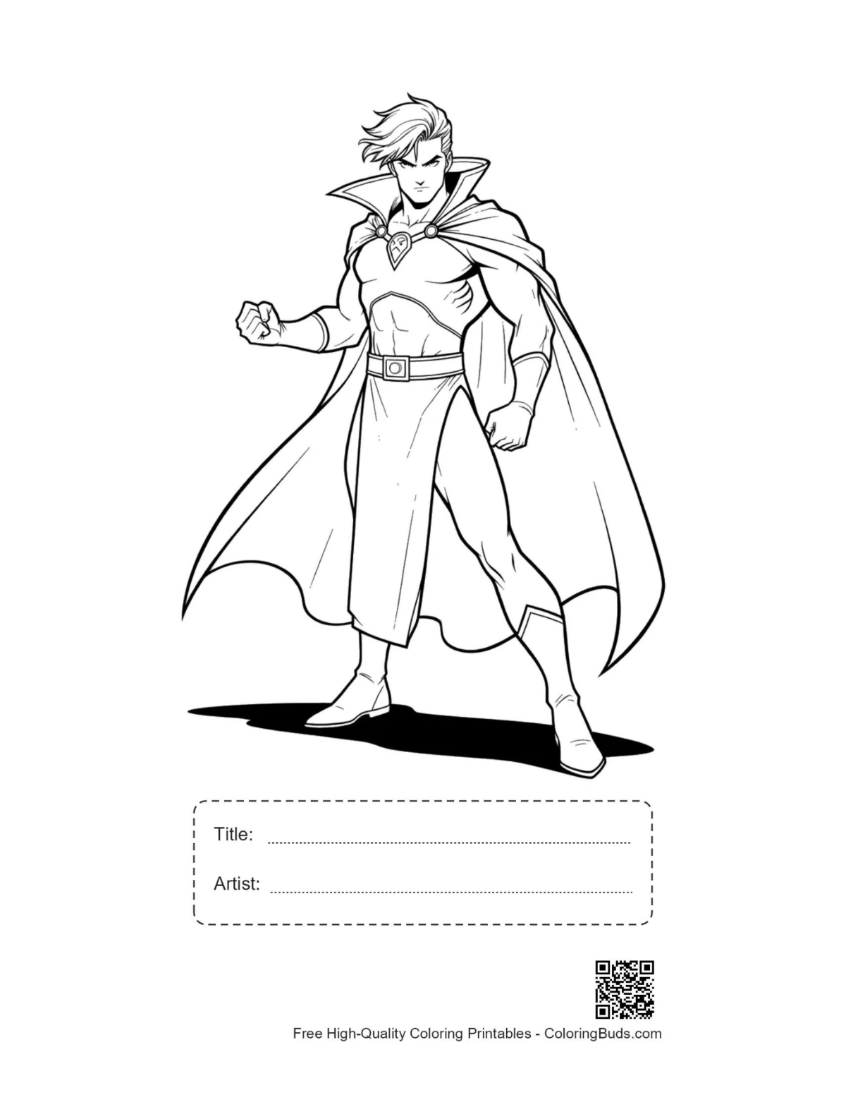 Muscular caped hero printable with title box