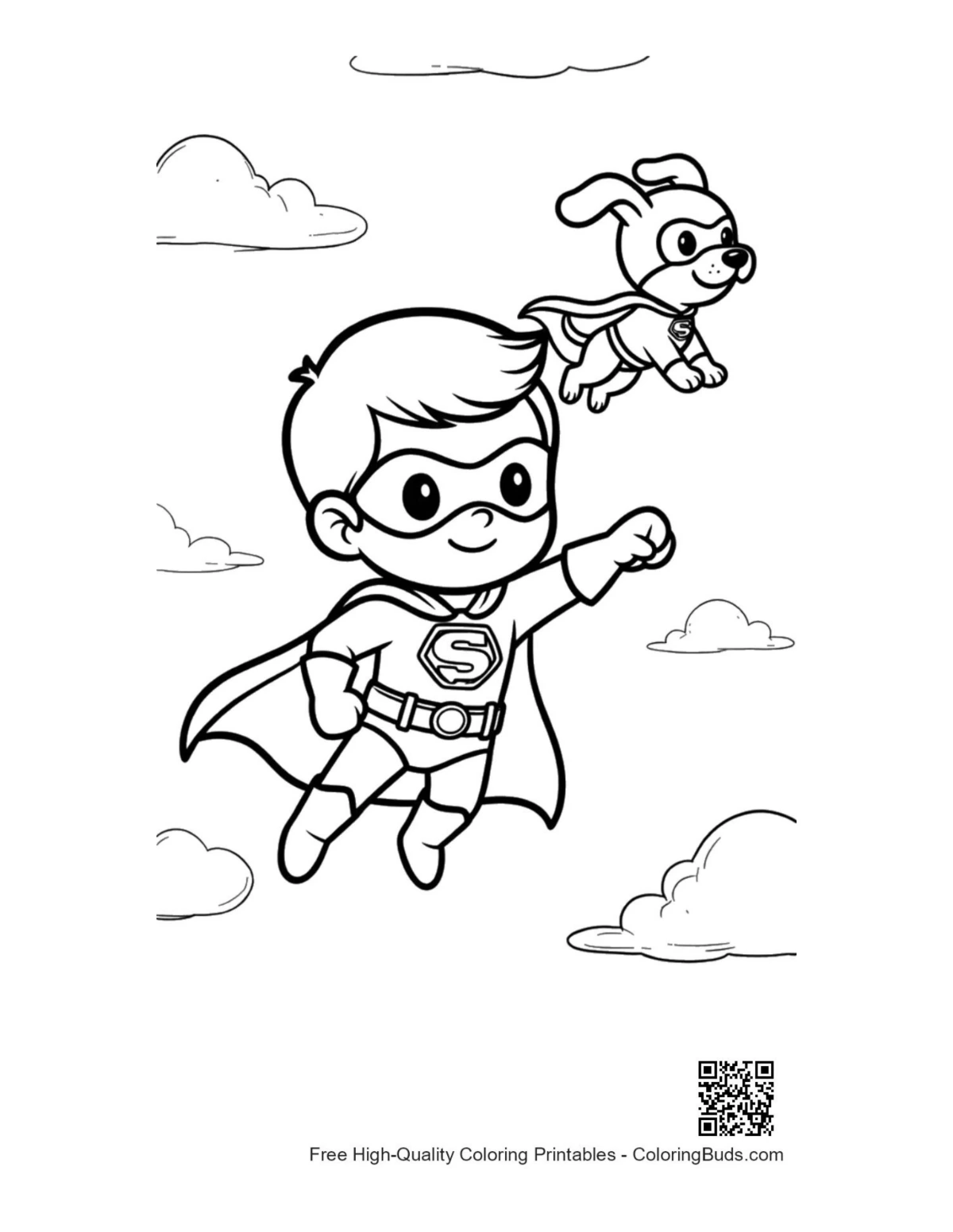 Super Boy heroic dog flying mission coloring printable