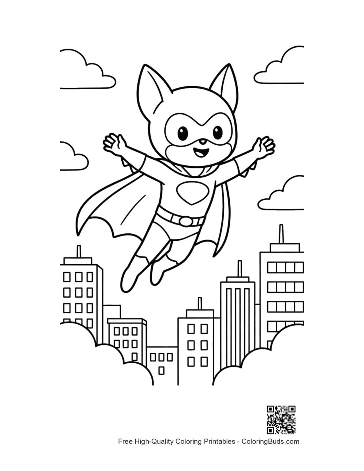 Superhero kid heroic city landing printable coloring page
