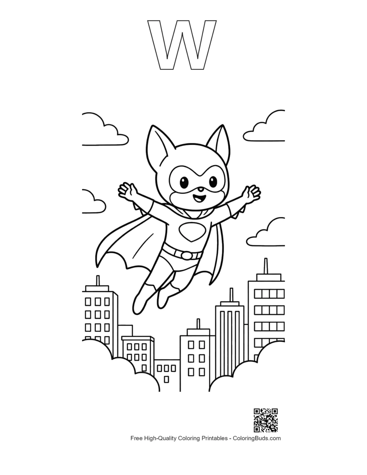 Superhero landing printable outline with alphabet W