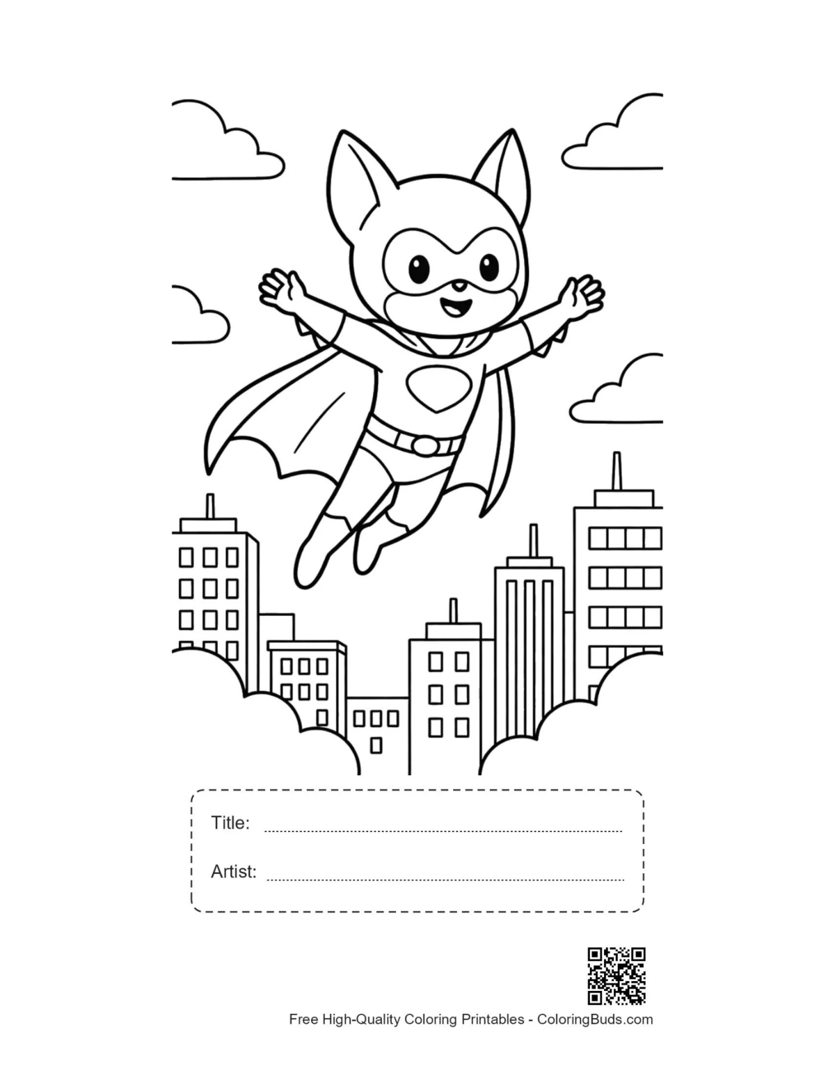 Caped hero kid city landing printable with title box