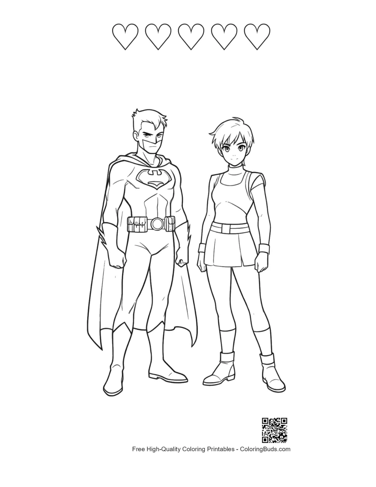 Superman Anime Heroine hearts coloring outline