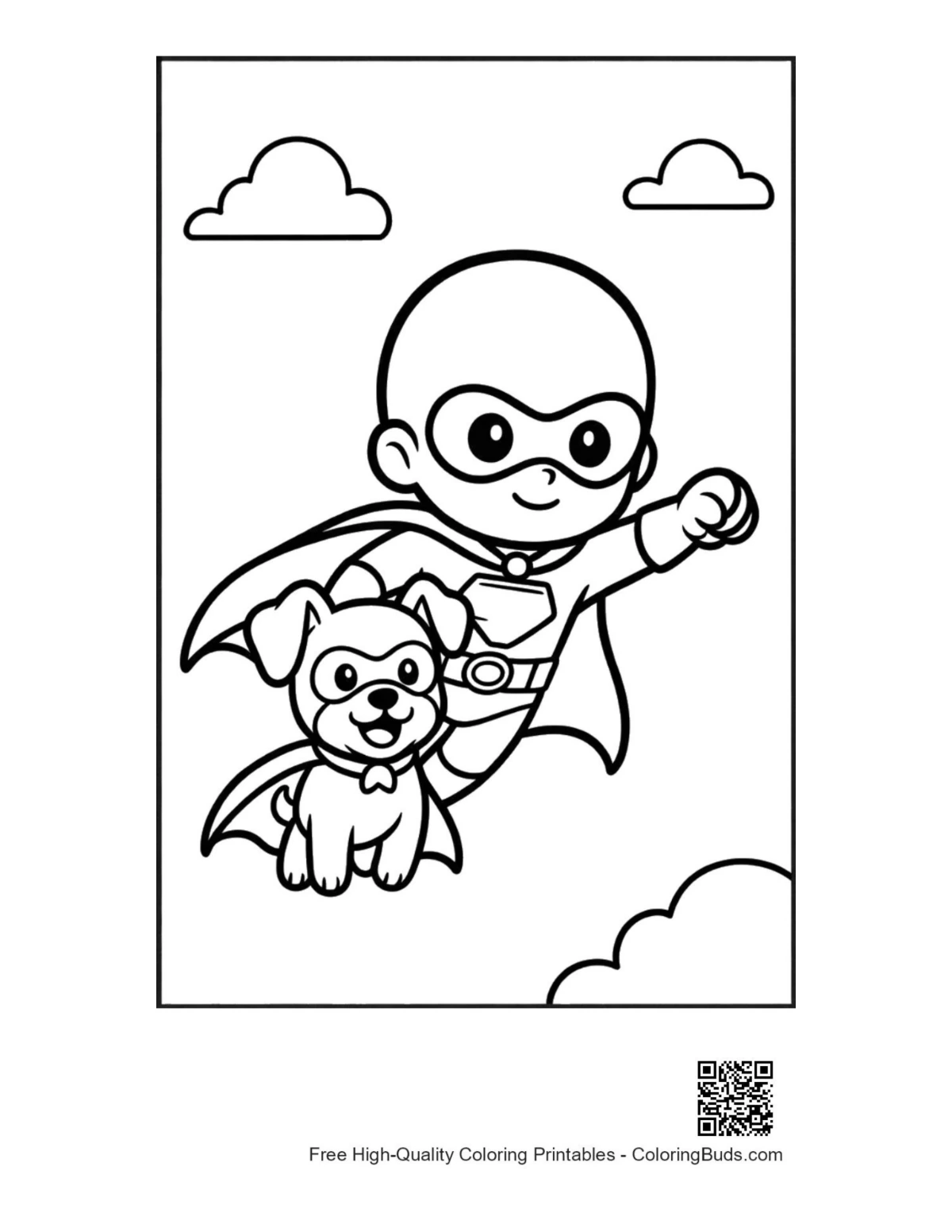 Young hero with caped dog soaring printable coloring page