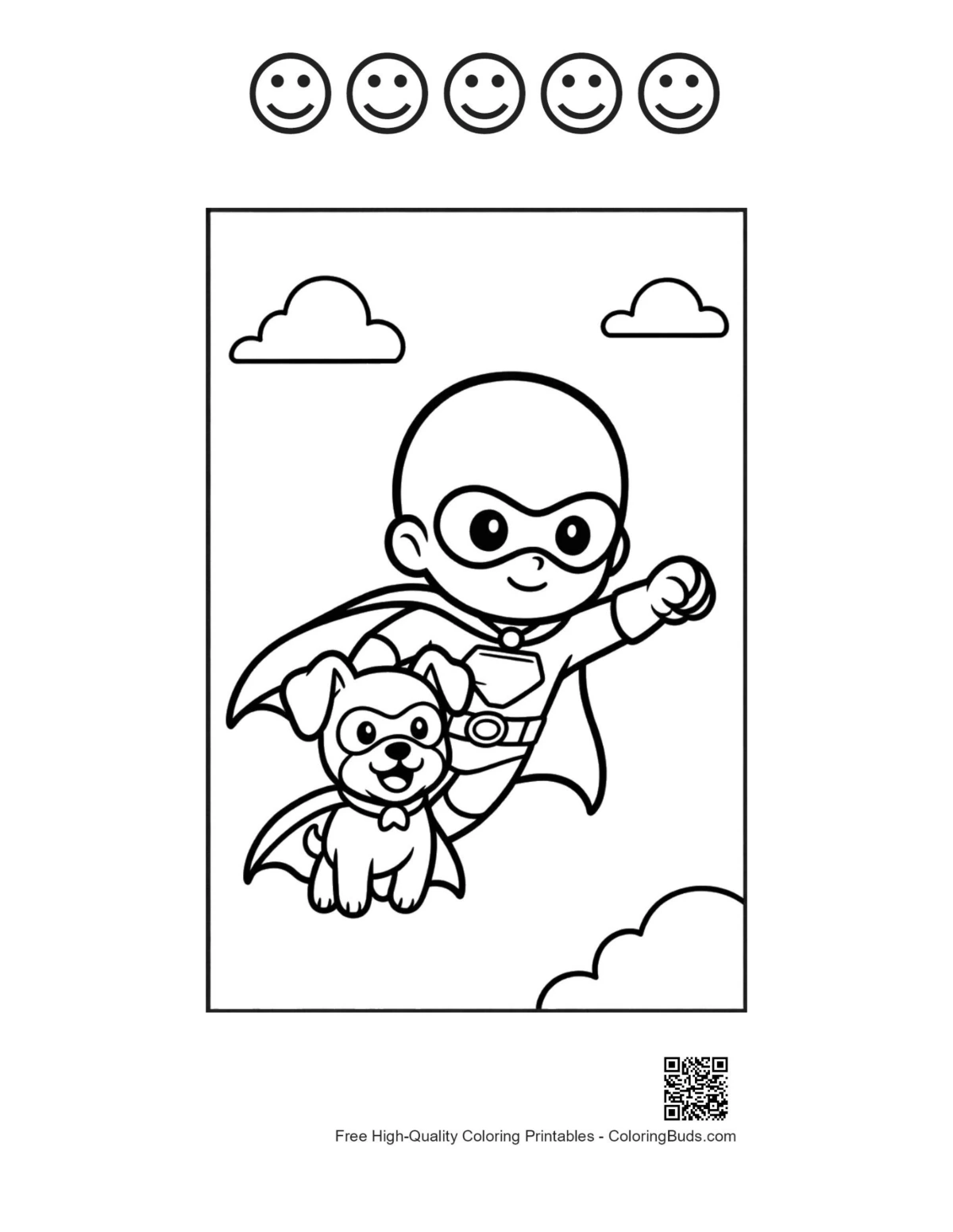 Hero and dog flying with 5 happy faces outline printable
