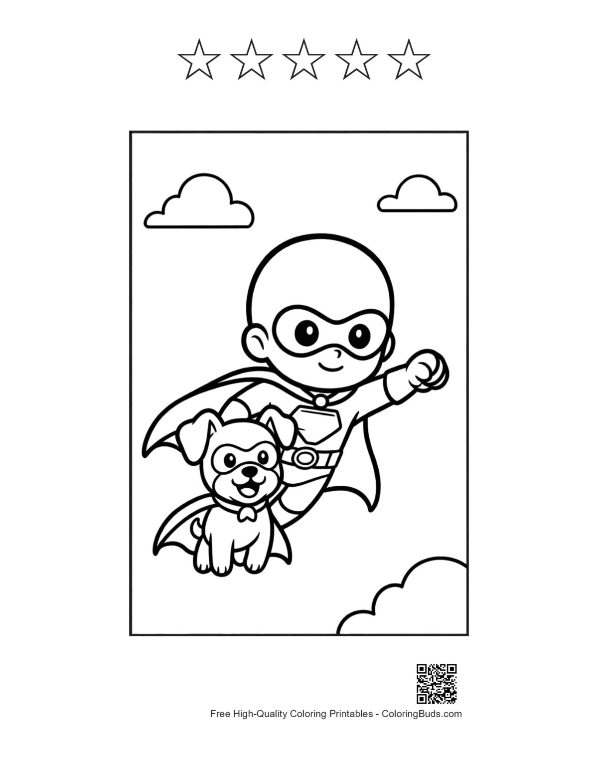 Soaring hero dog printable with 5 star outlines