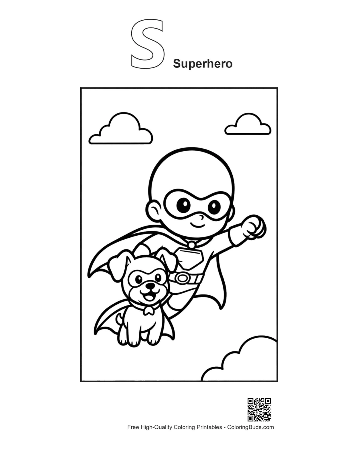 Superhero outline with alphabet S young hero printable