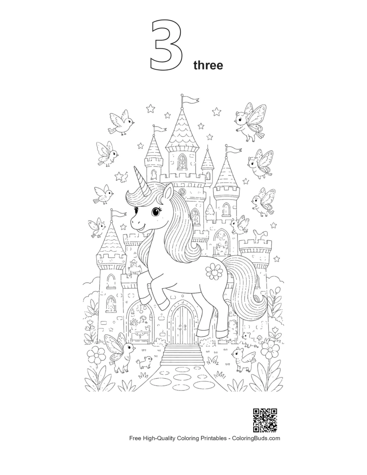 Baby unicorn palace outline number 3 printable
