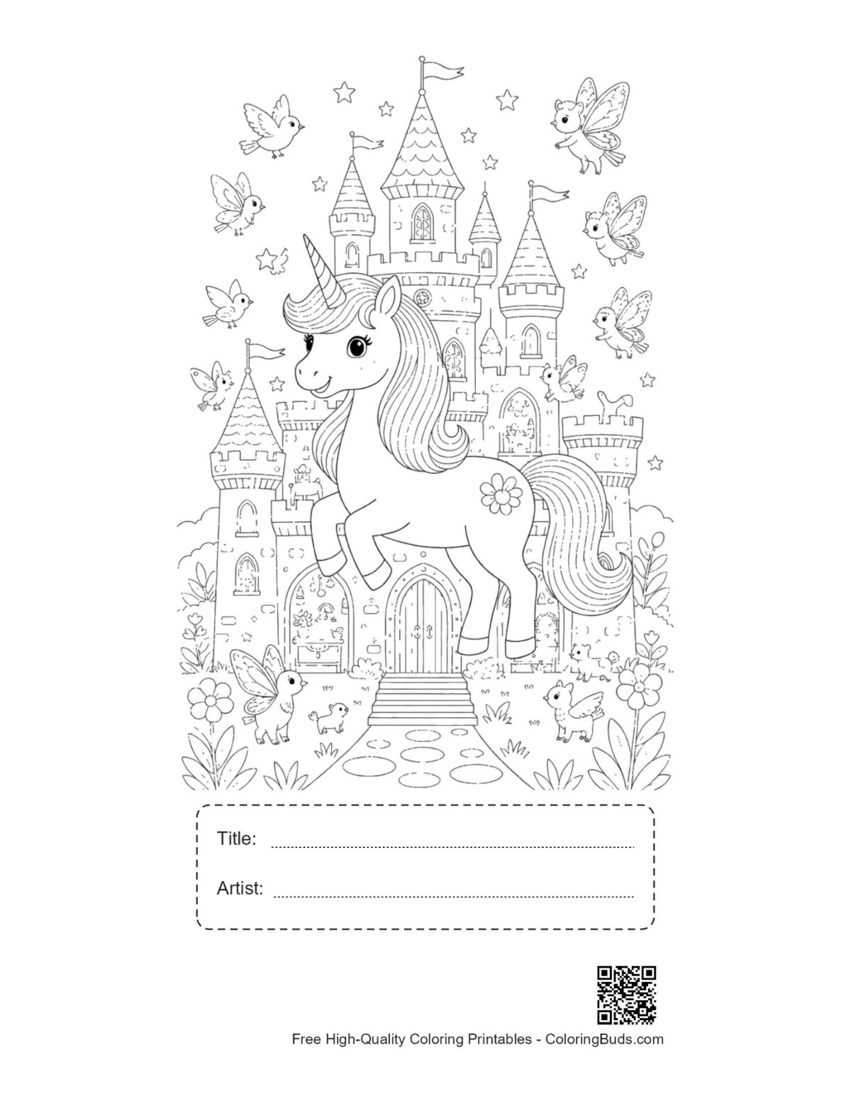 Baby unicorn coloring page with title box