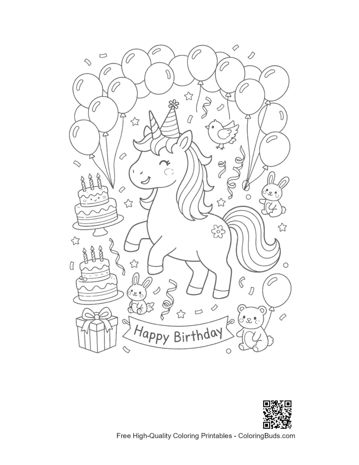 Adorable birthday unicorn coloring page with stars