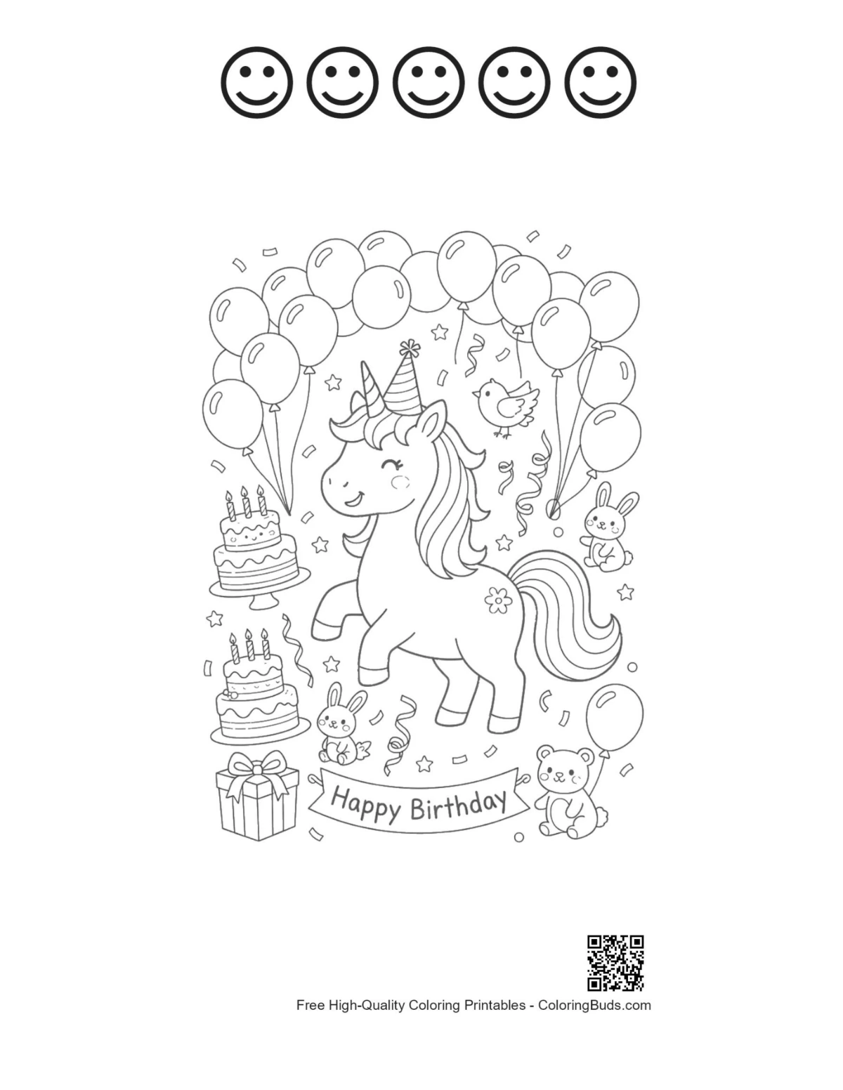 Birthday unicorn with 5 happy faces outlines