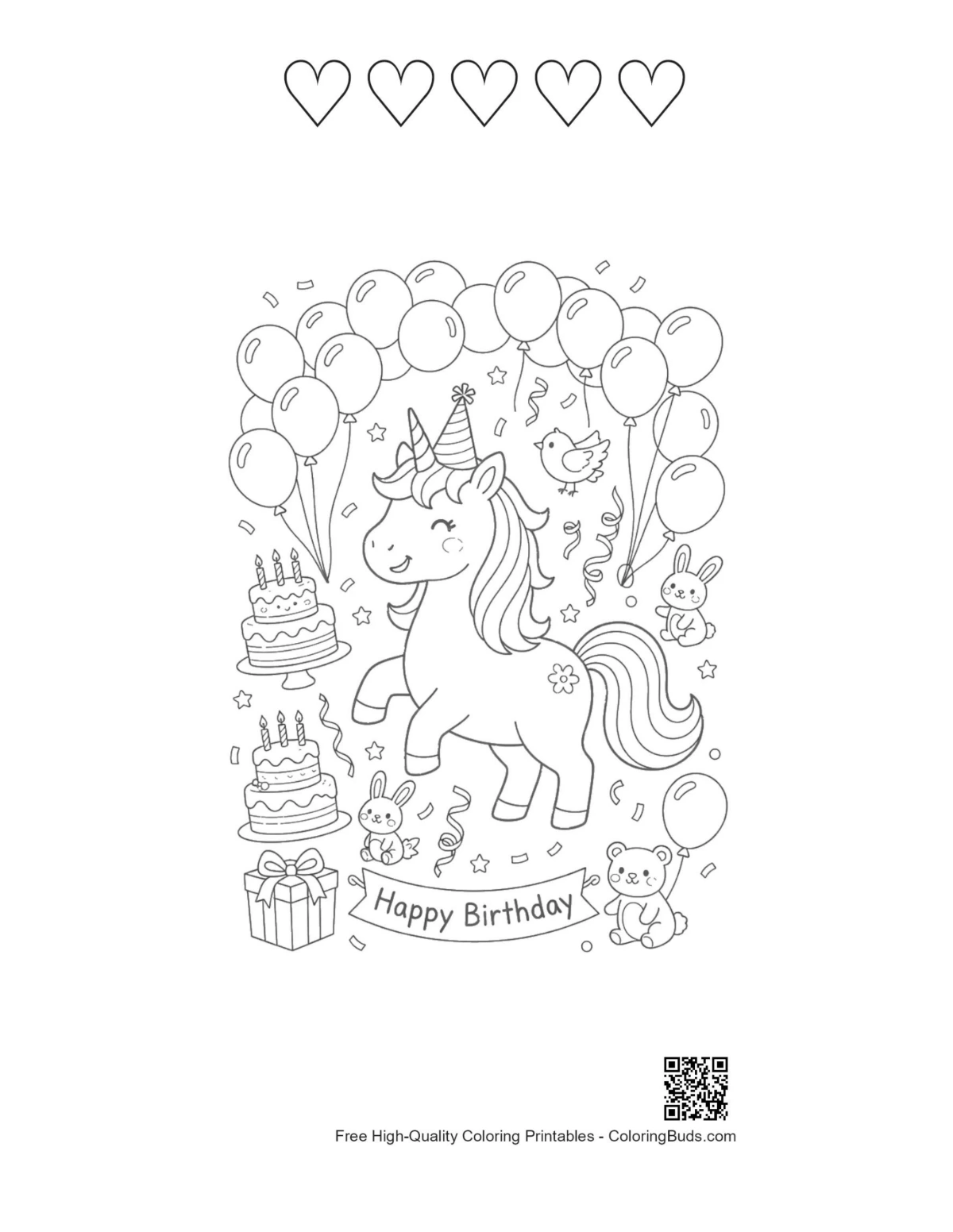 Unicorn coloring with 5 heart outlines printable