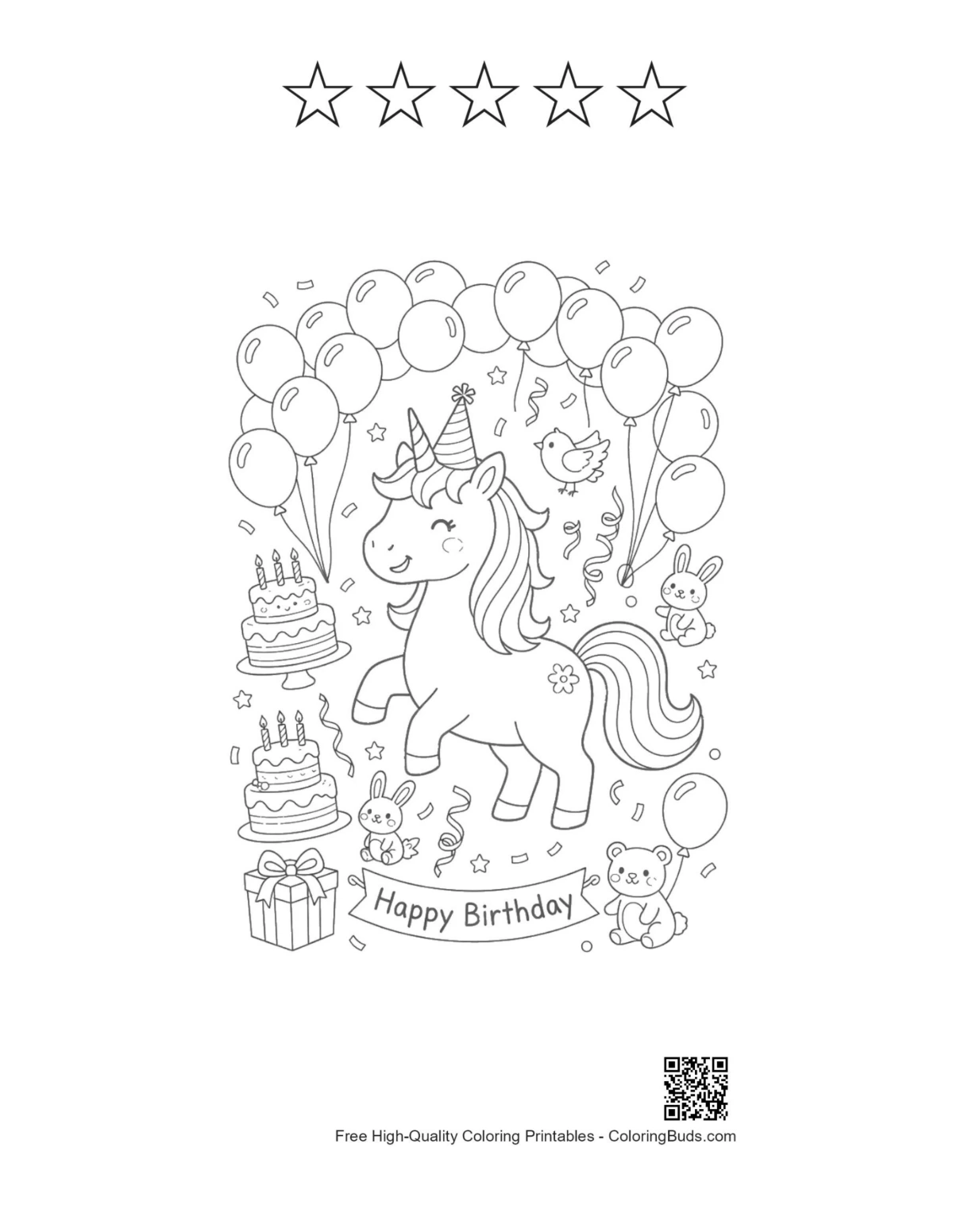 Unicorn page with 5 star outlines printable