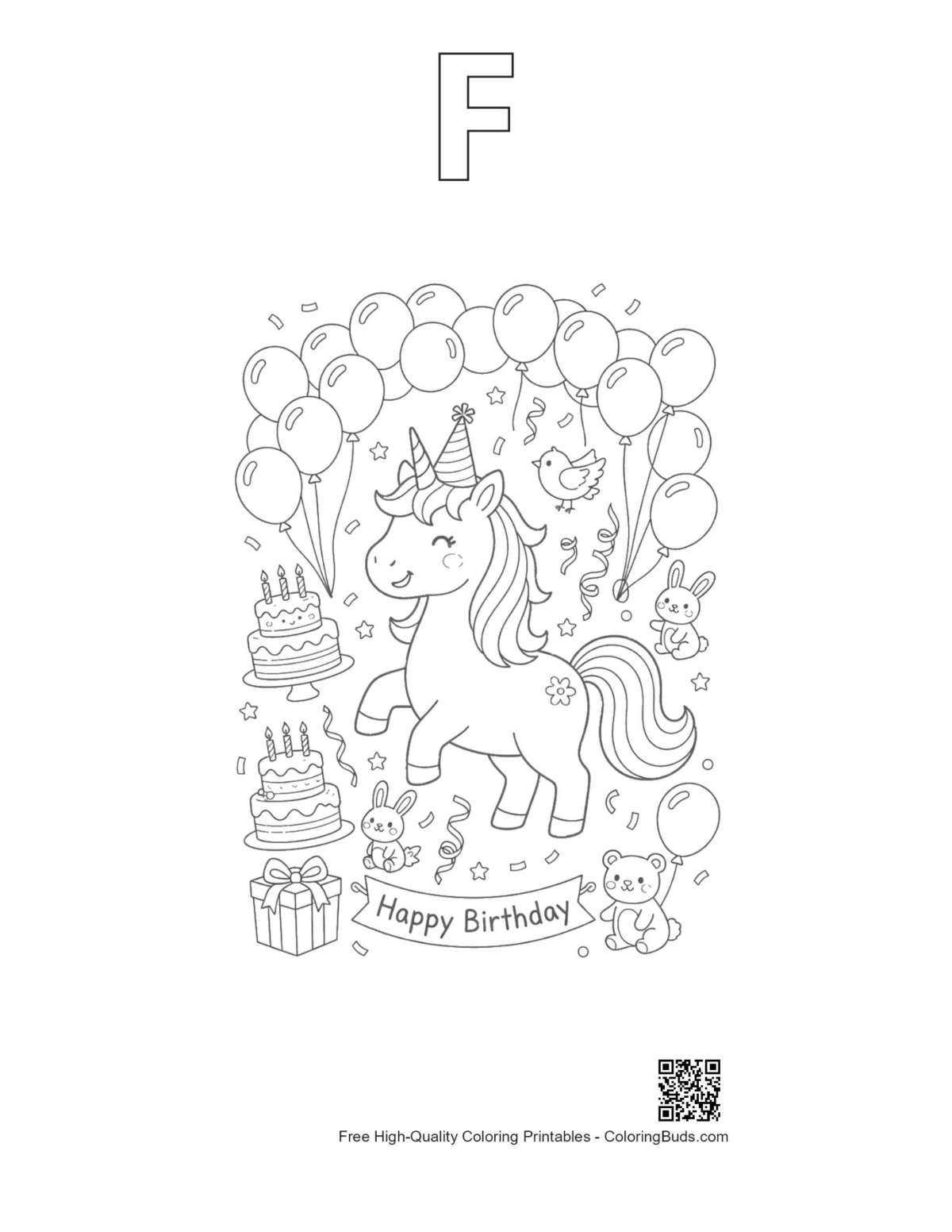 Unicorn coloring page with alphabet F outline