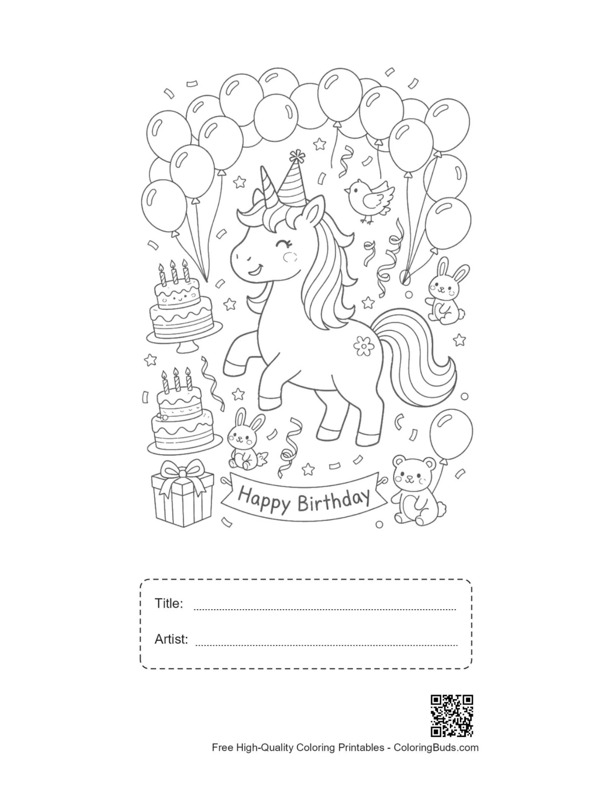 Birthday unicorn printable with title artist box