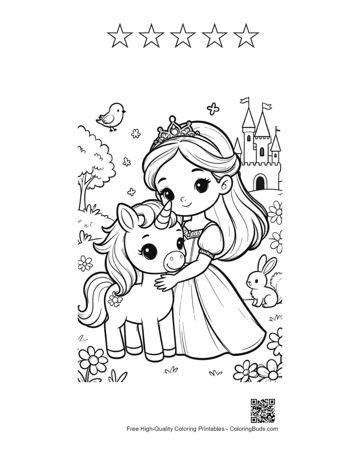Princess unicorn cuddle printable with 5 star outlines