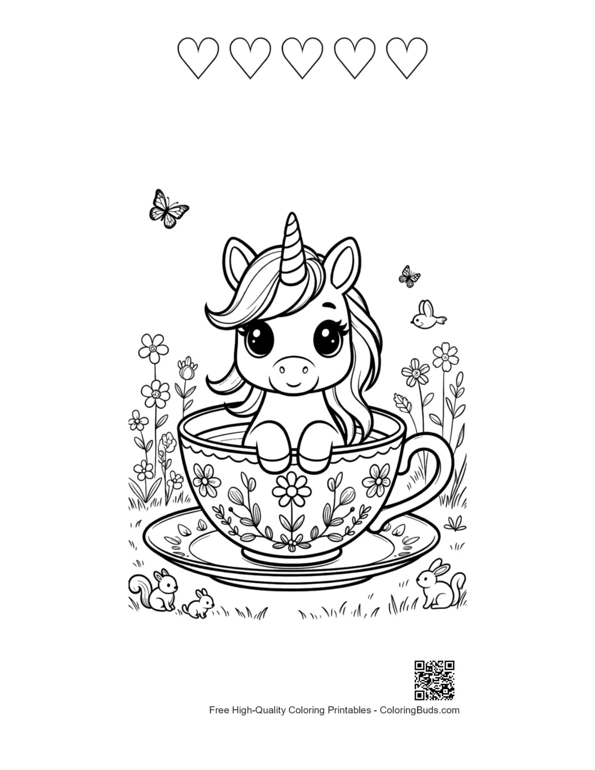 Kawaii unicorn princess hug with 5 hearts outline