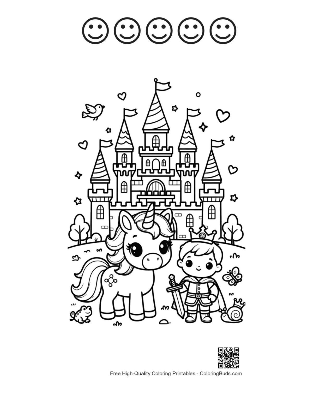 Kawaii unicorn printable with 5 happy faces