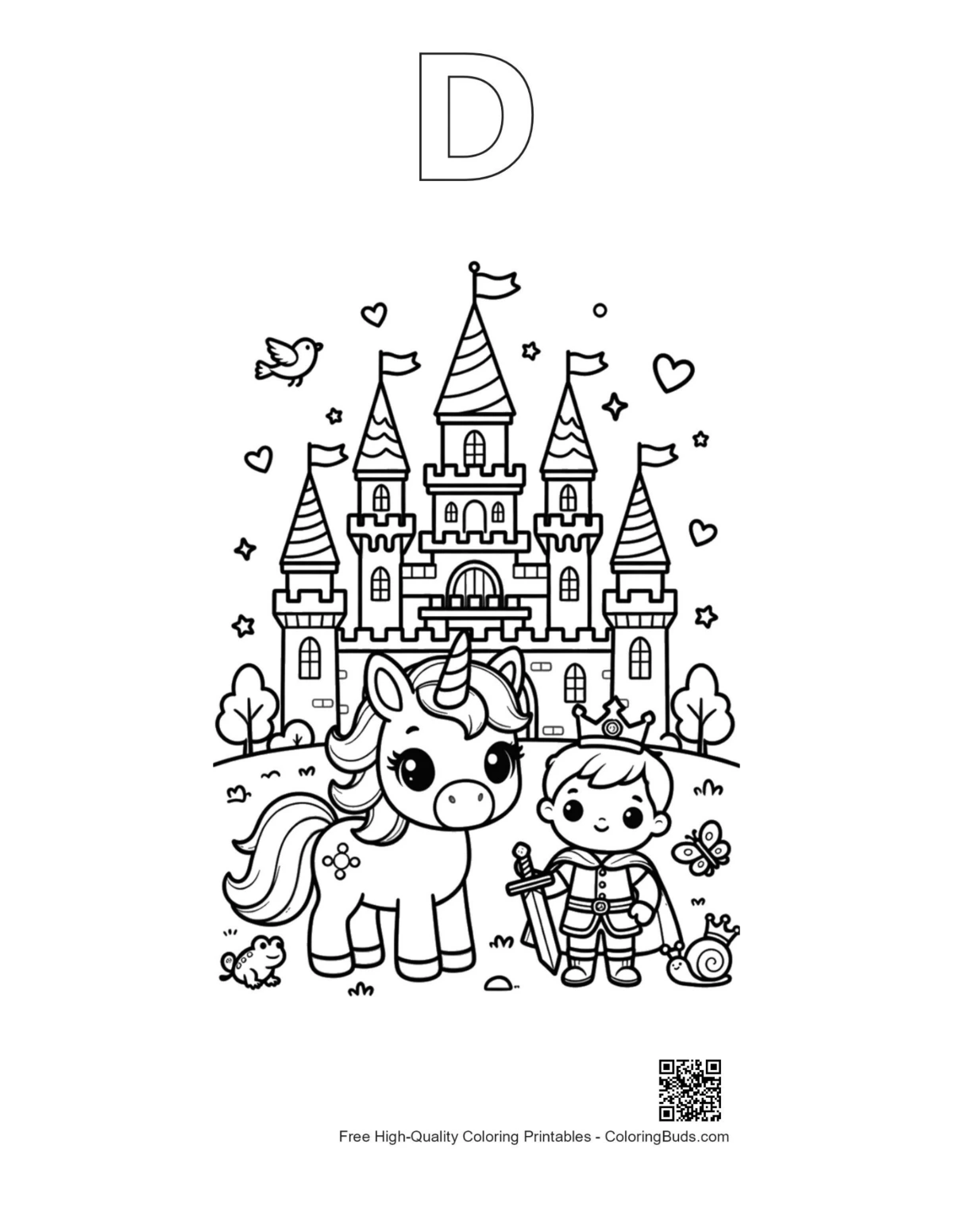 Unicorn castle coloring page with alphabet D outline
