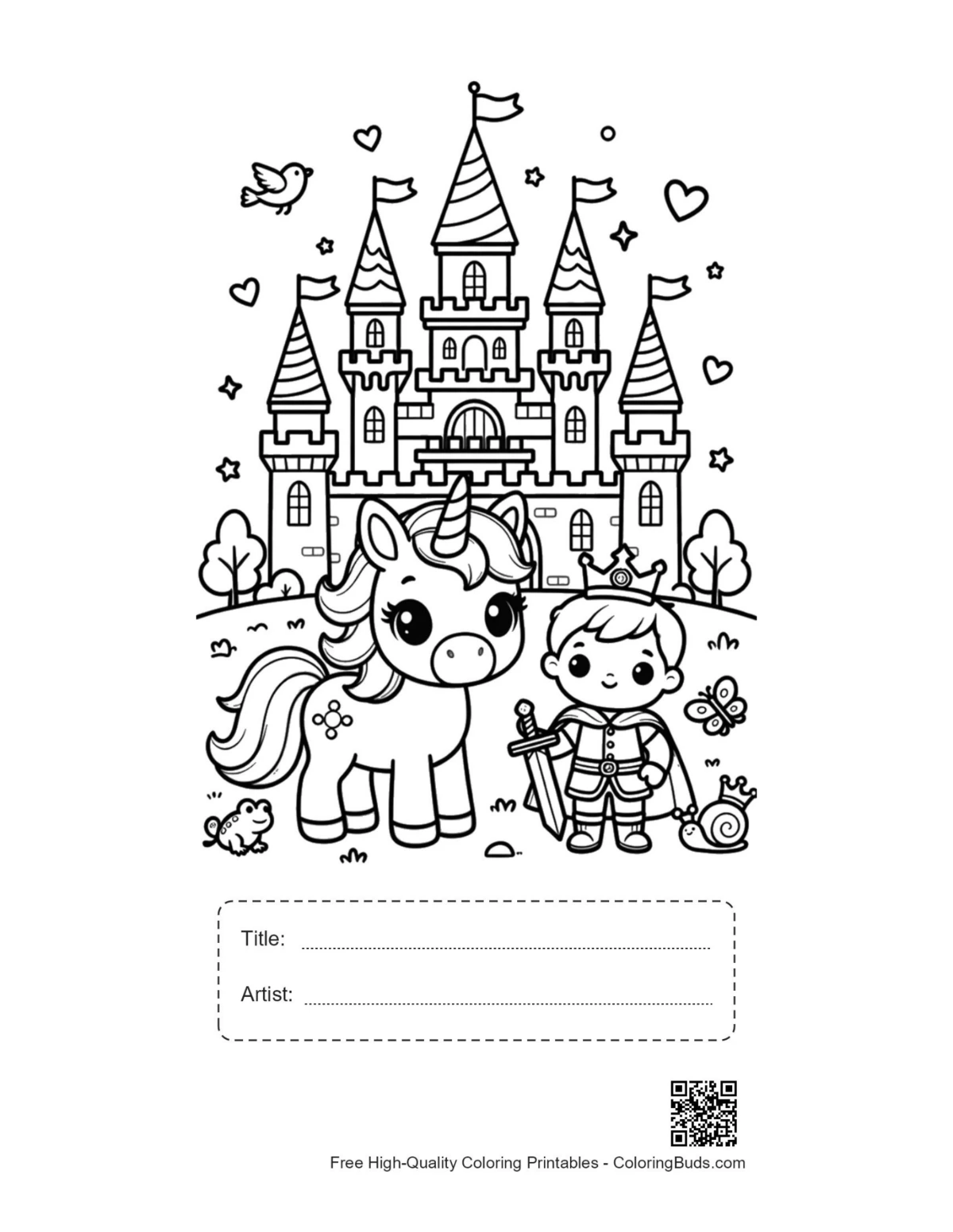 Kawaii unicorn castle printable with title artist box