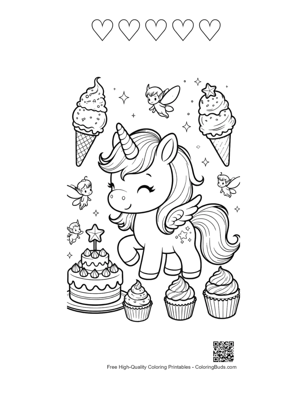 Ice cream unicorn with 5 heart outlines printable