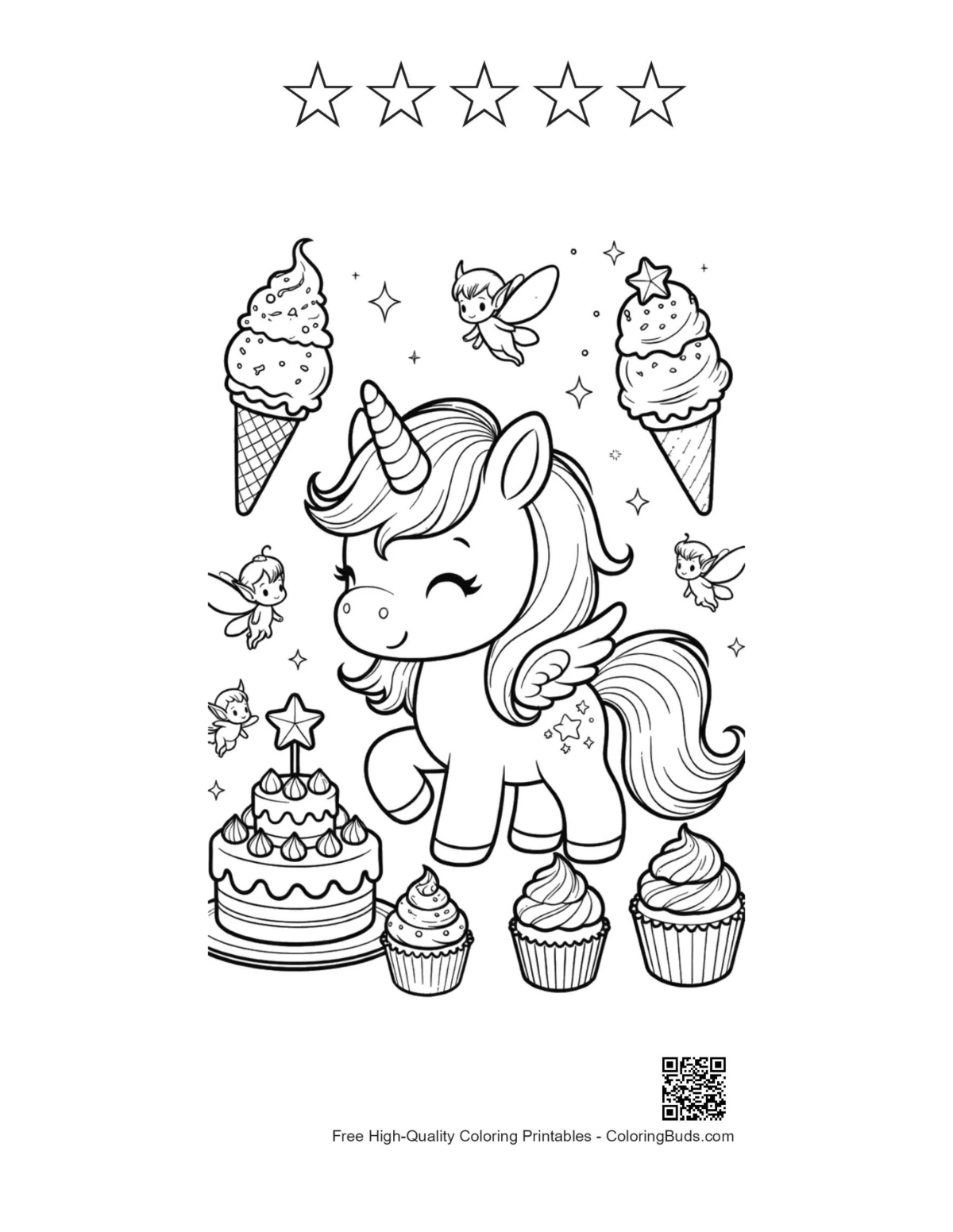 Unicorn printable with 5 star outlines