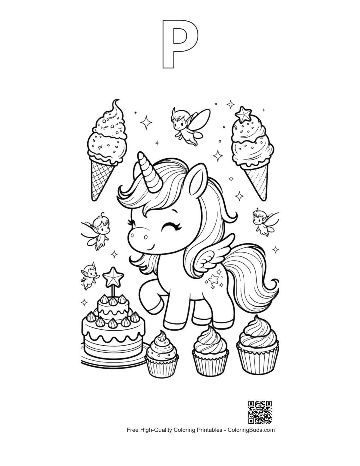 Unicorn coloring outline with alphabet P