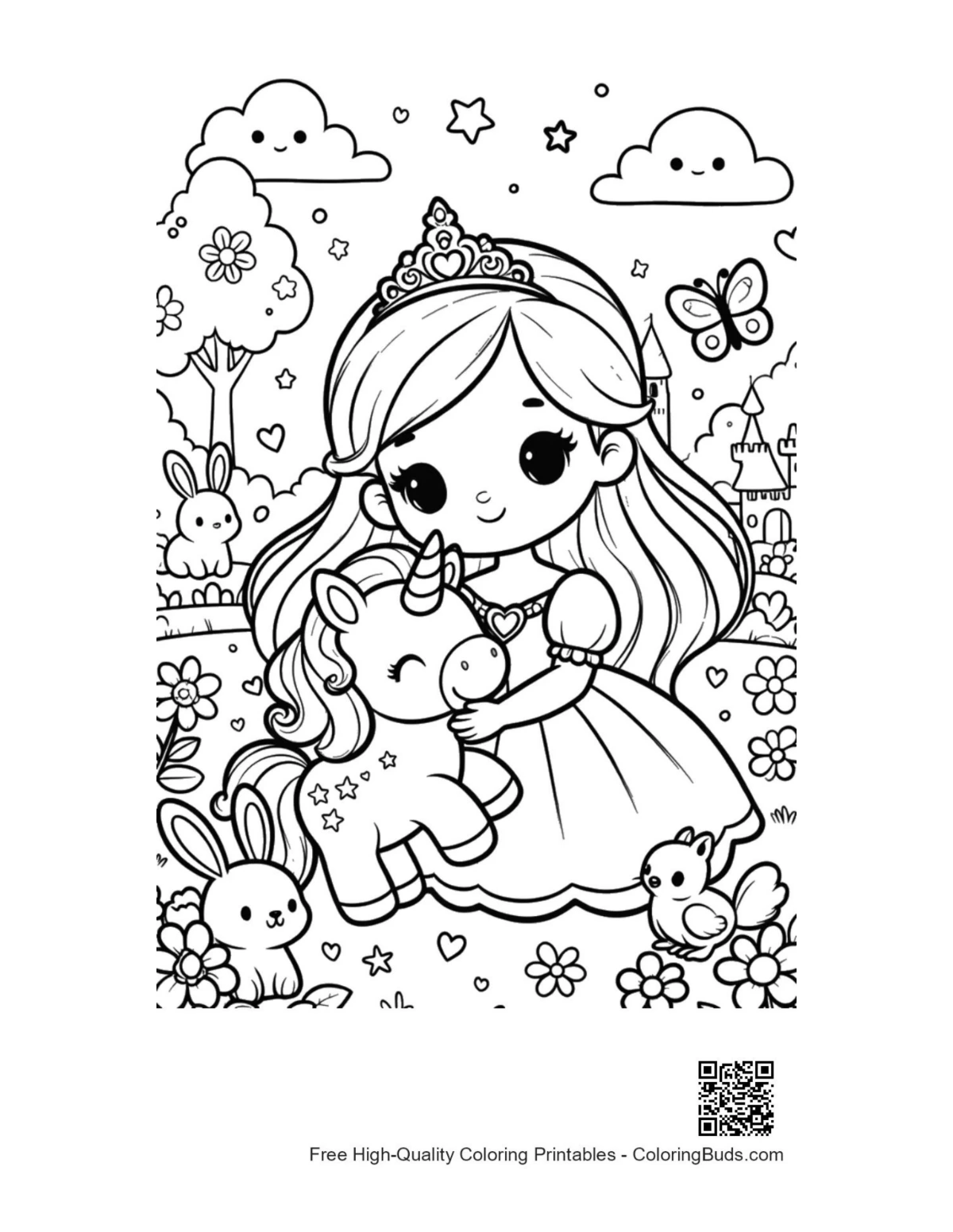 Cute kawaii unicorn printable coloring page for kids