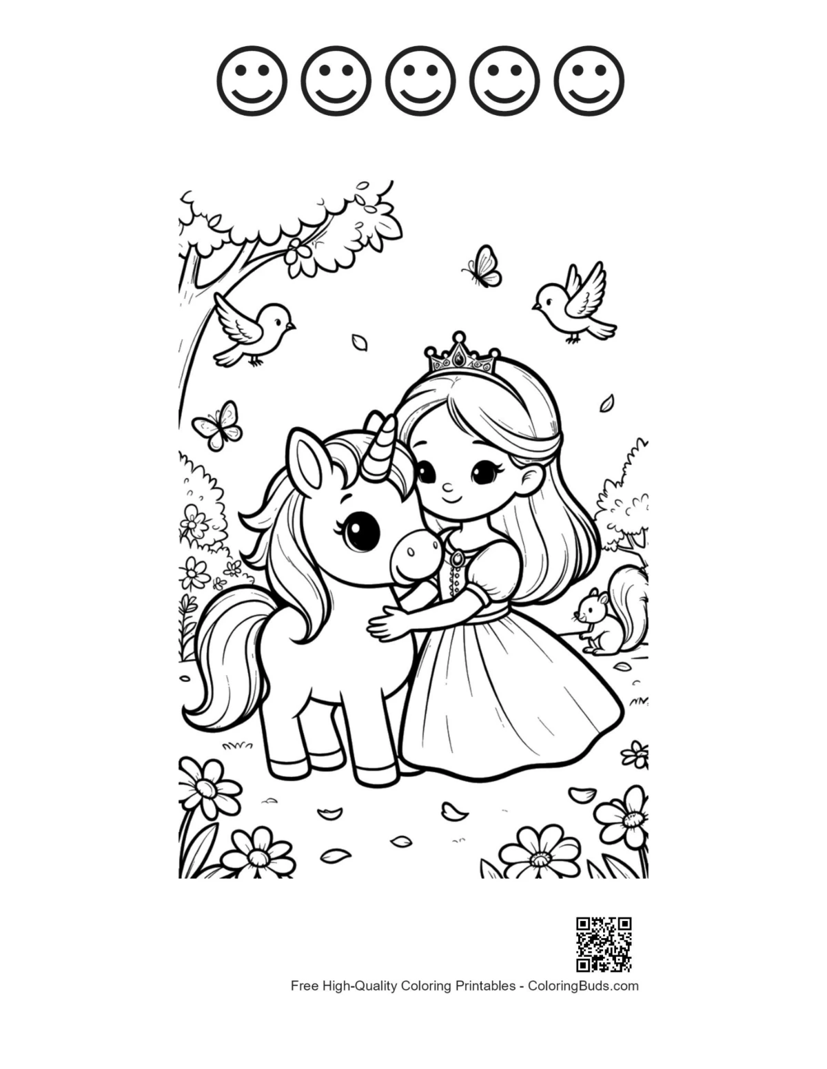 Cute kawaii unicorn and 5 happy faces printable