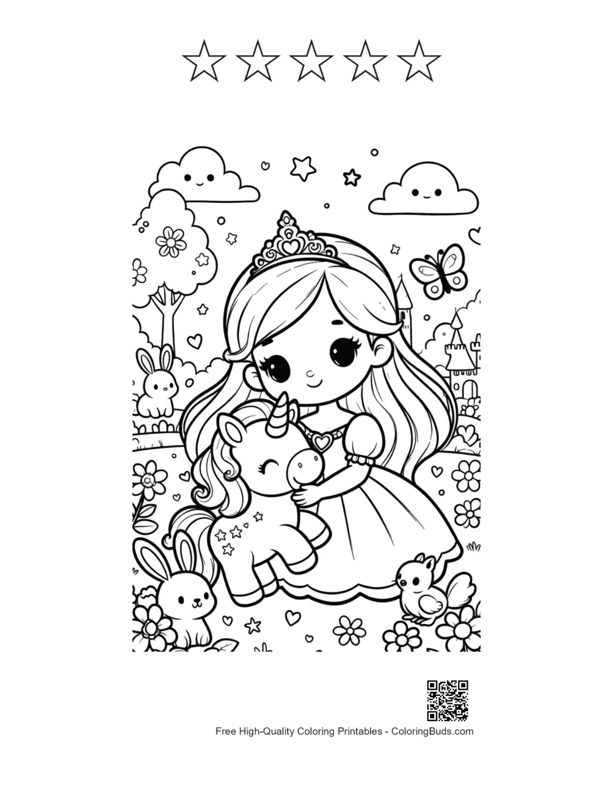 Cute kawaii unicorn printable with 5 star outlines