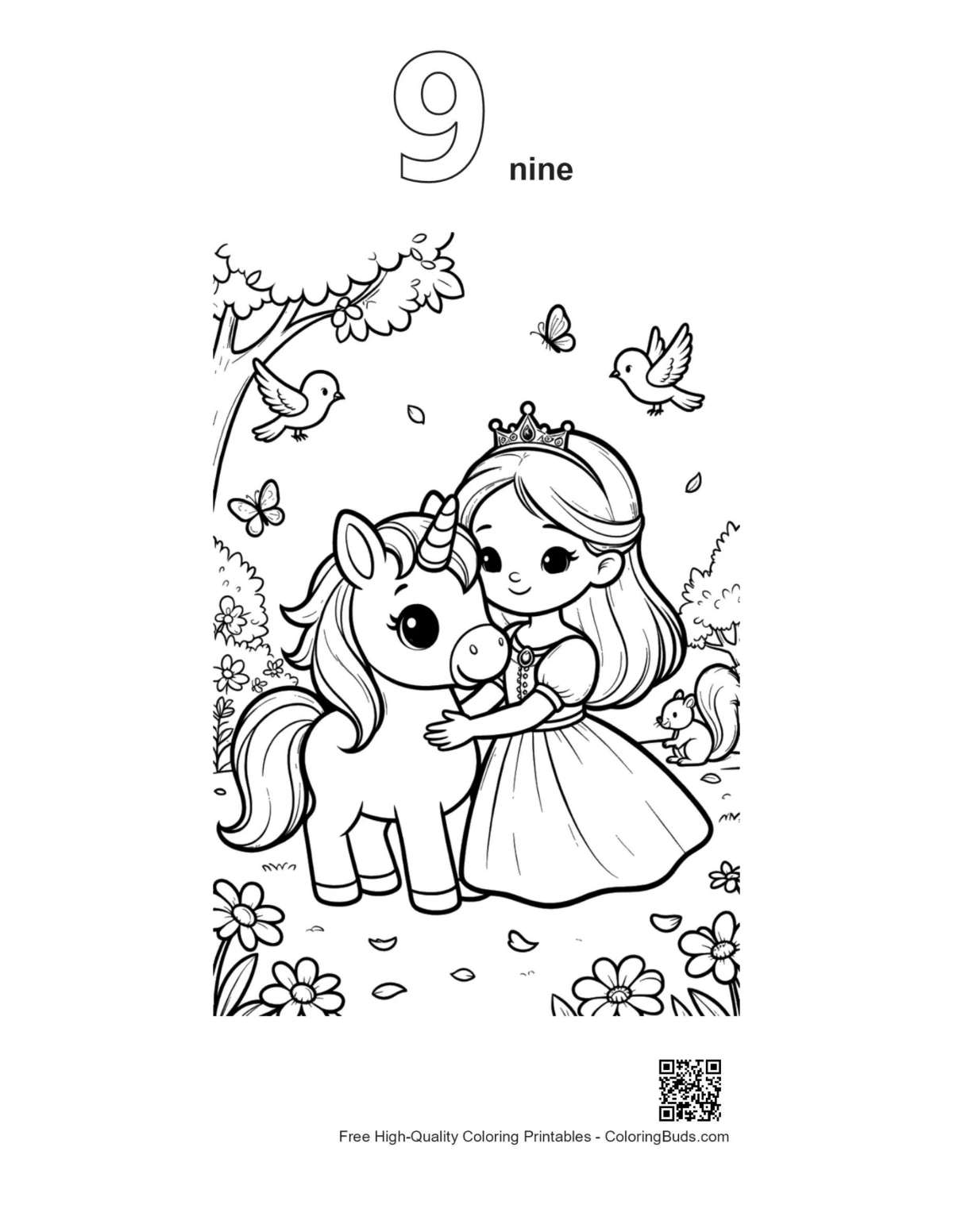 Kawaii unicorn printable outline with number 9