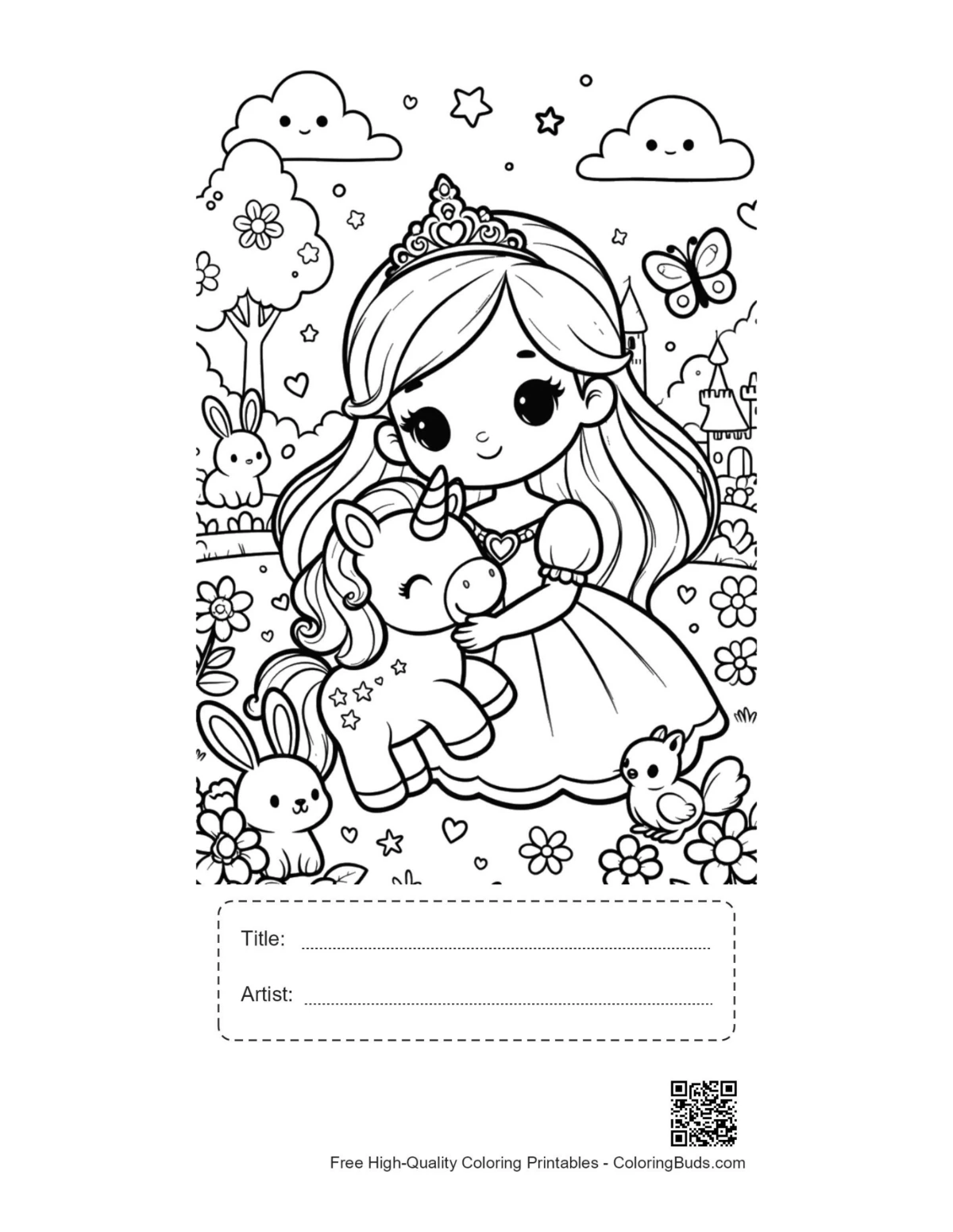Cute kawaii unicorn printable with title and artist box