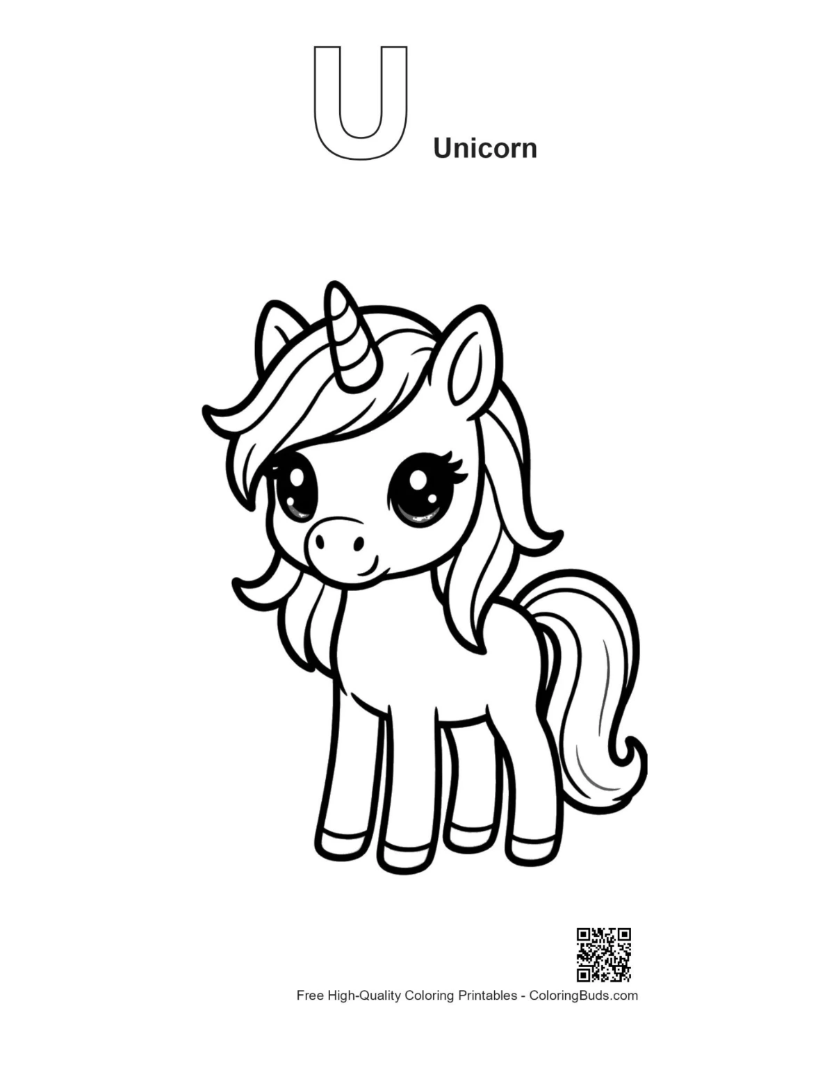 Einhorn-Alphabet U Umriss Malvorlage