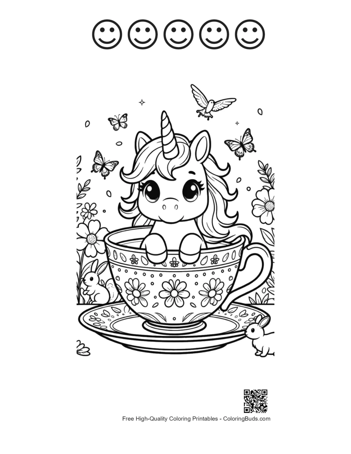 Kawaii unicorn tea cup with happy faces printable