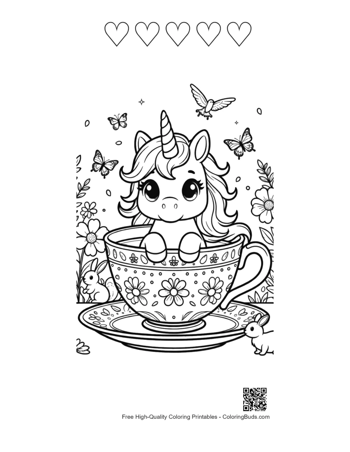 Unicorn tea cup hearts coloring page printable