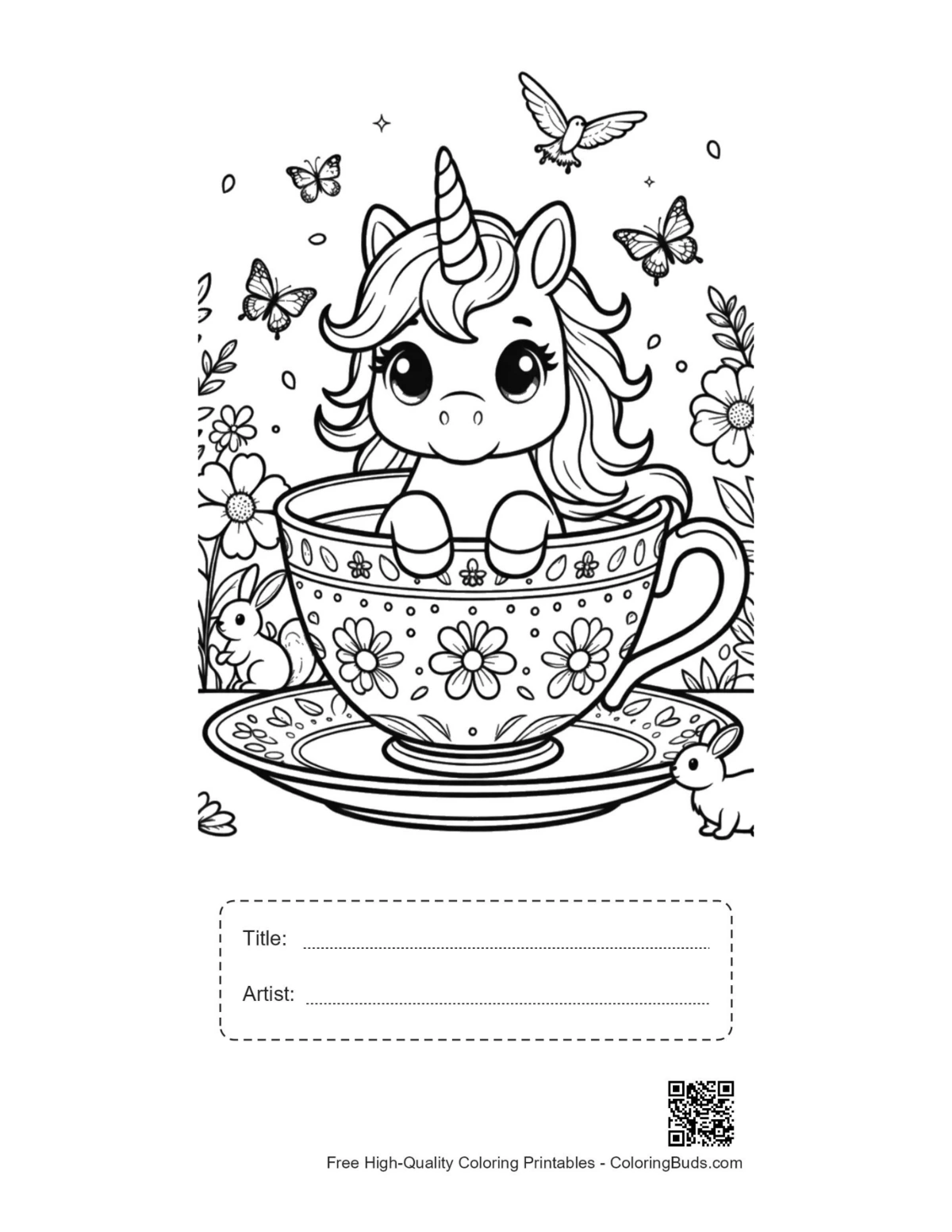 Kawaii unicorn tea cup printable with title box