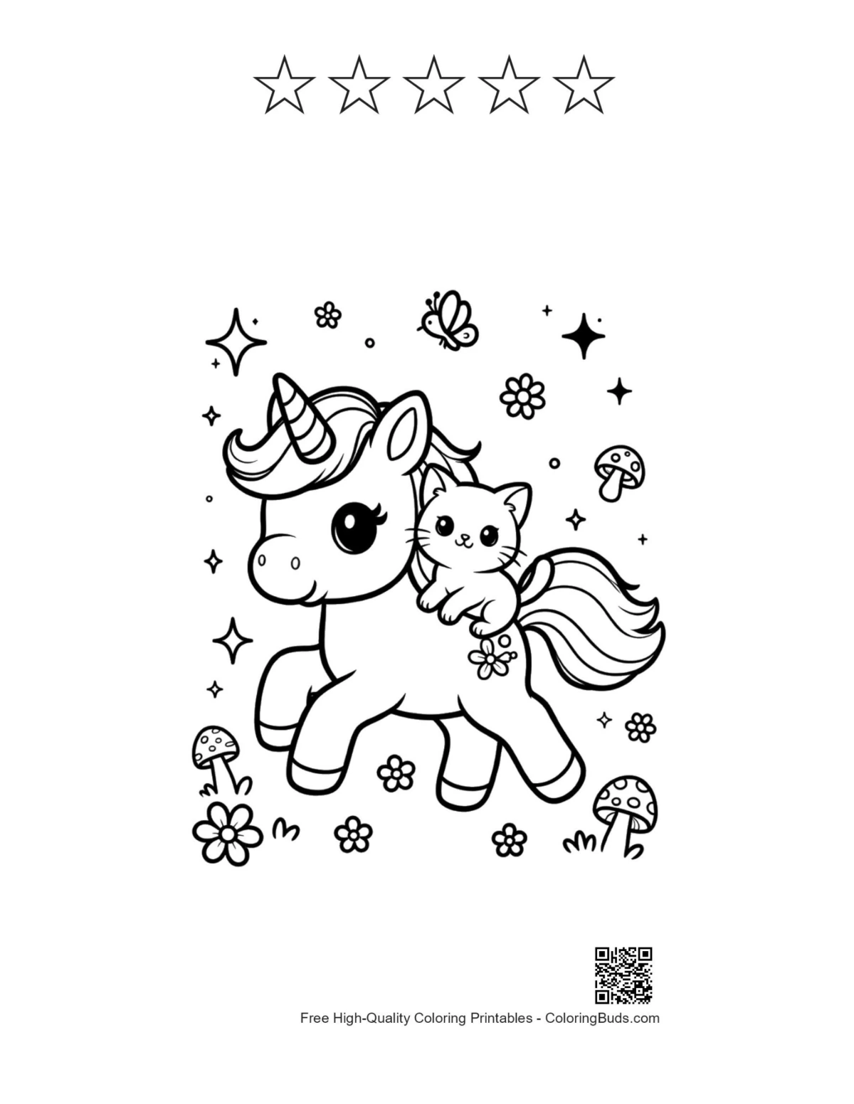 Kawaii unicorn with 5 stars outline printable