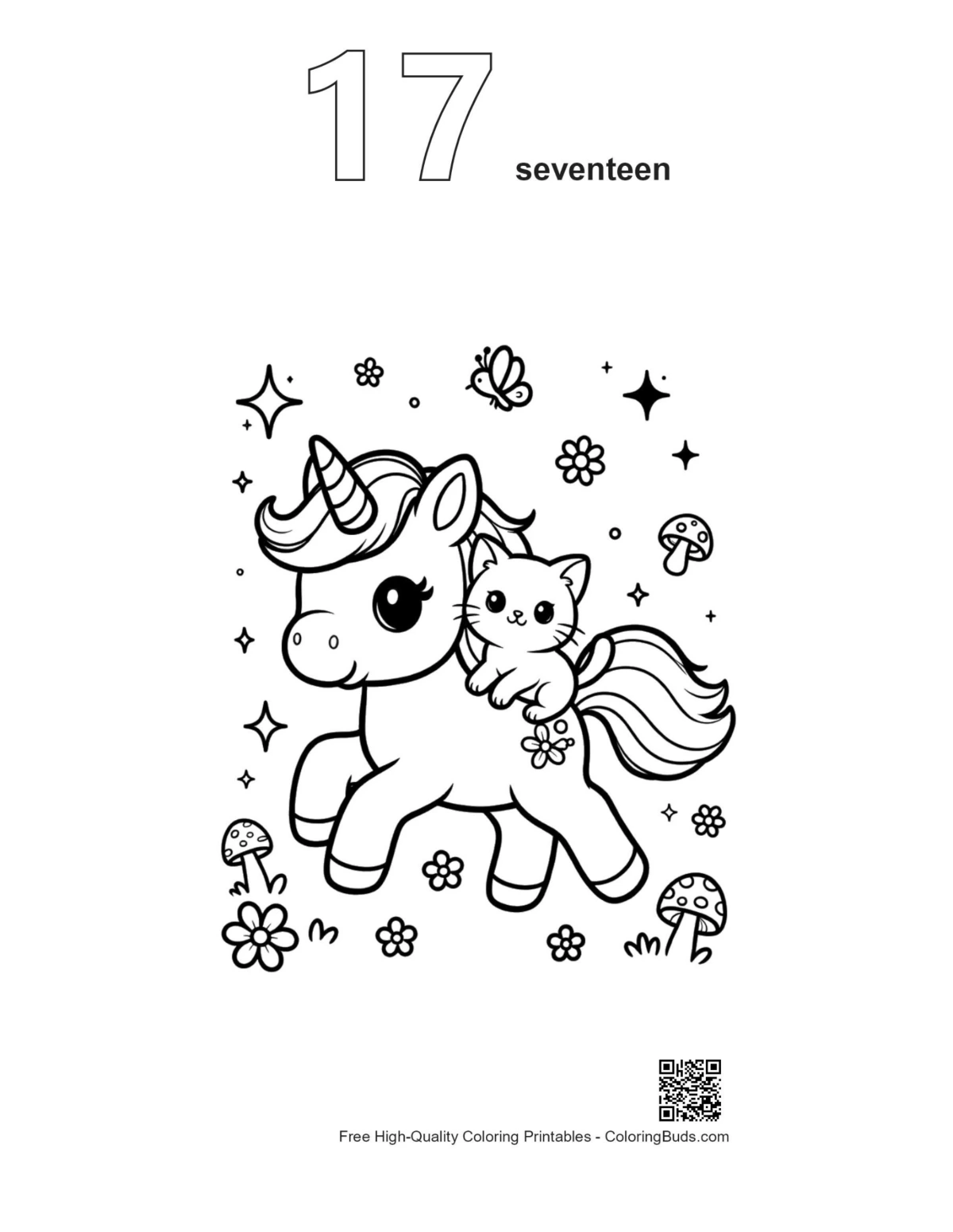 Kawaii unicorn outline number 17 printable