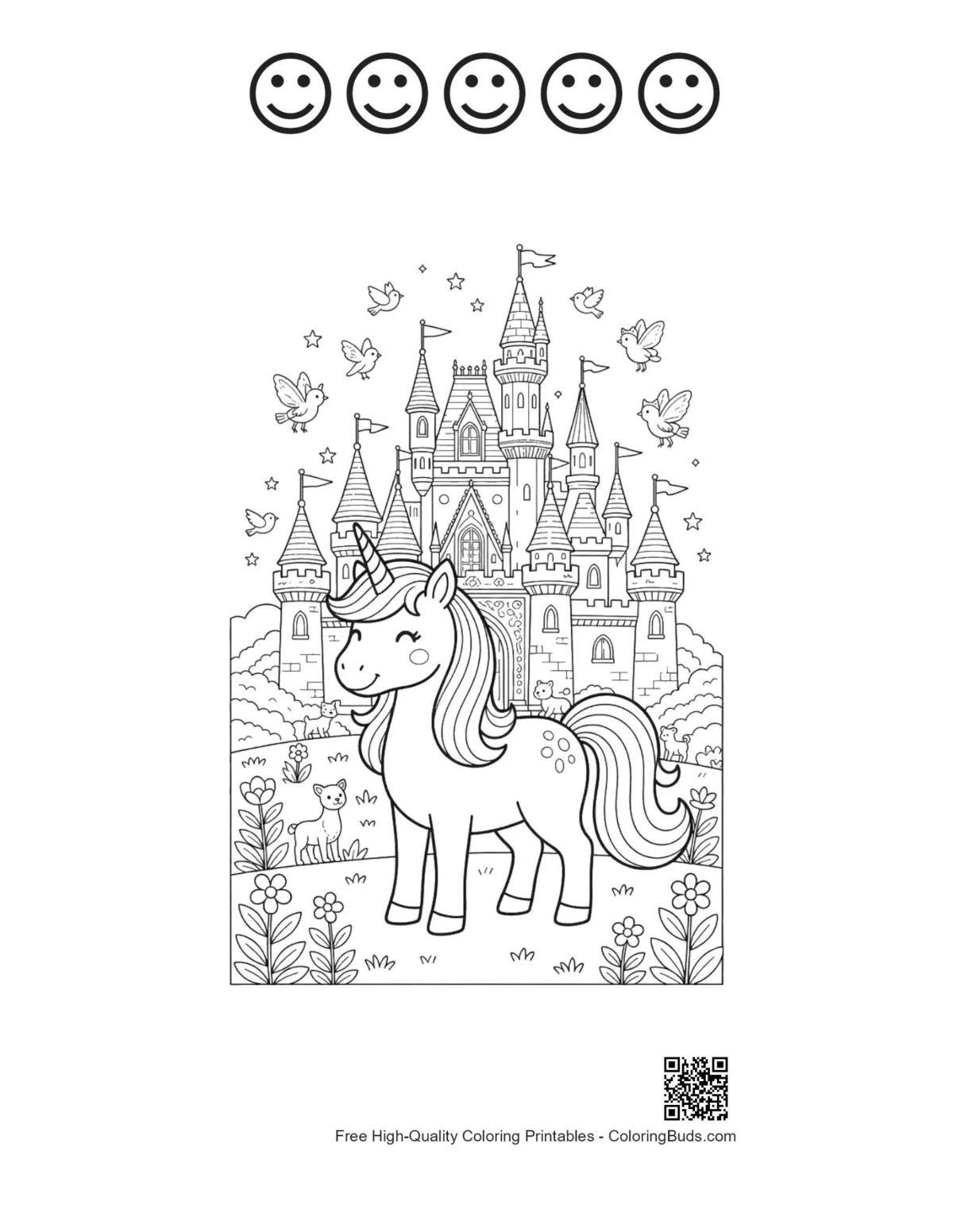 Rainbow unicorn printable with 5 happy faces