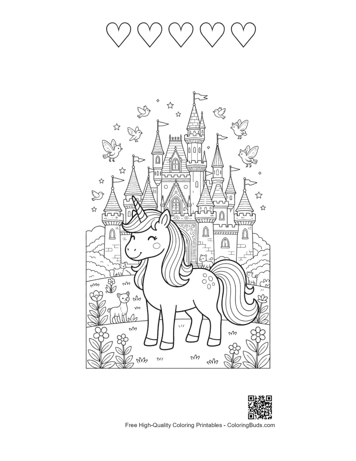 Rainbow unicorn coloring sheet with 5 hearts