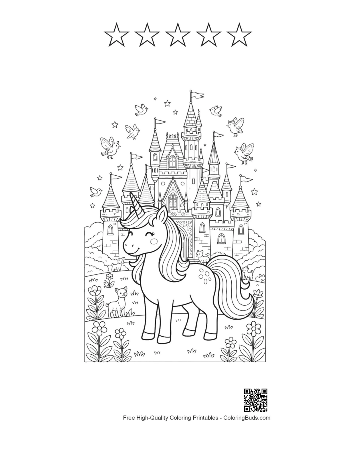 Rainbow unicorn coloring page with 5 stars outline