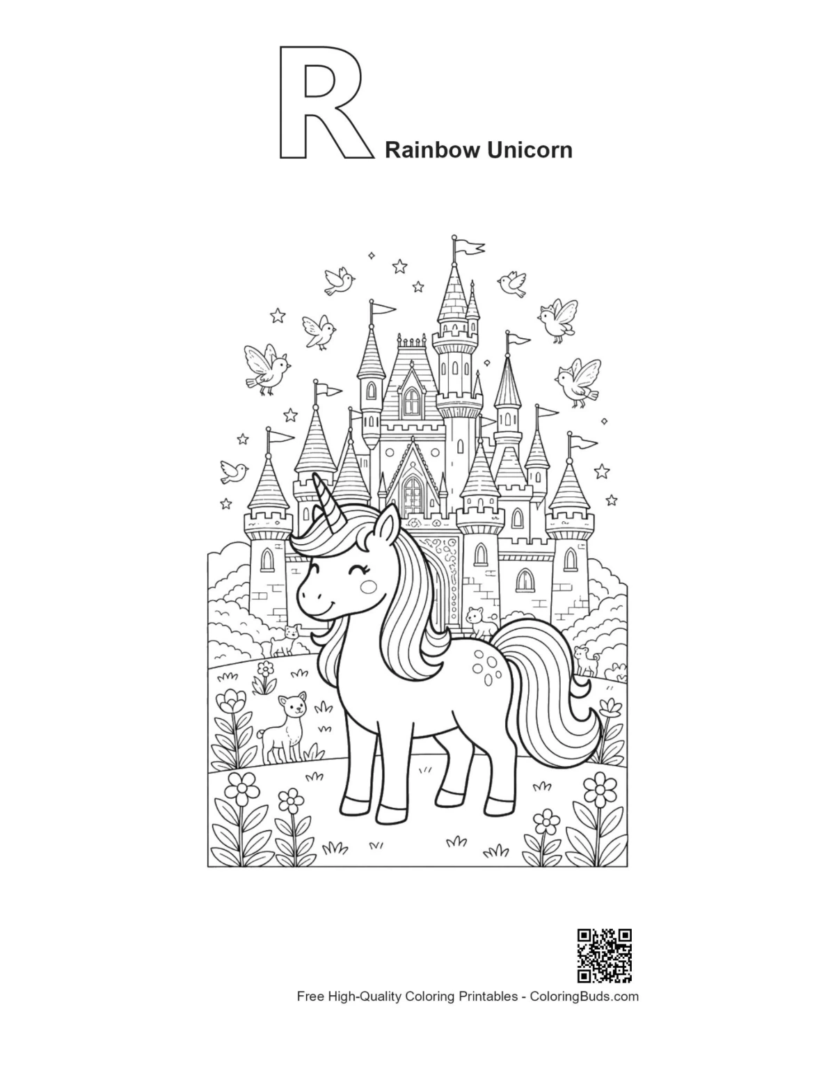 Alphabet R outline rainbow unicorn coloring printable