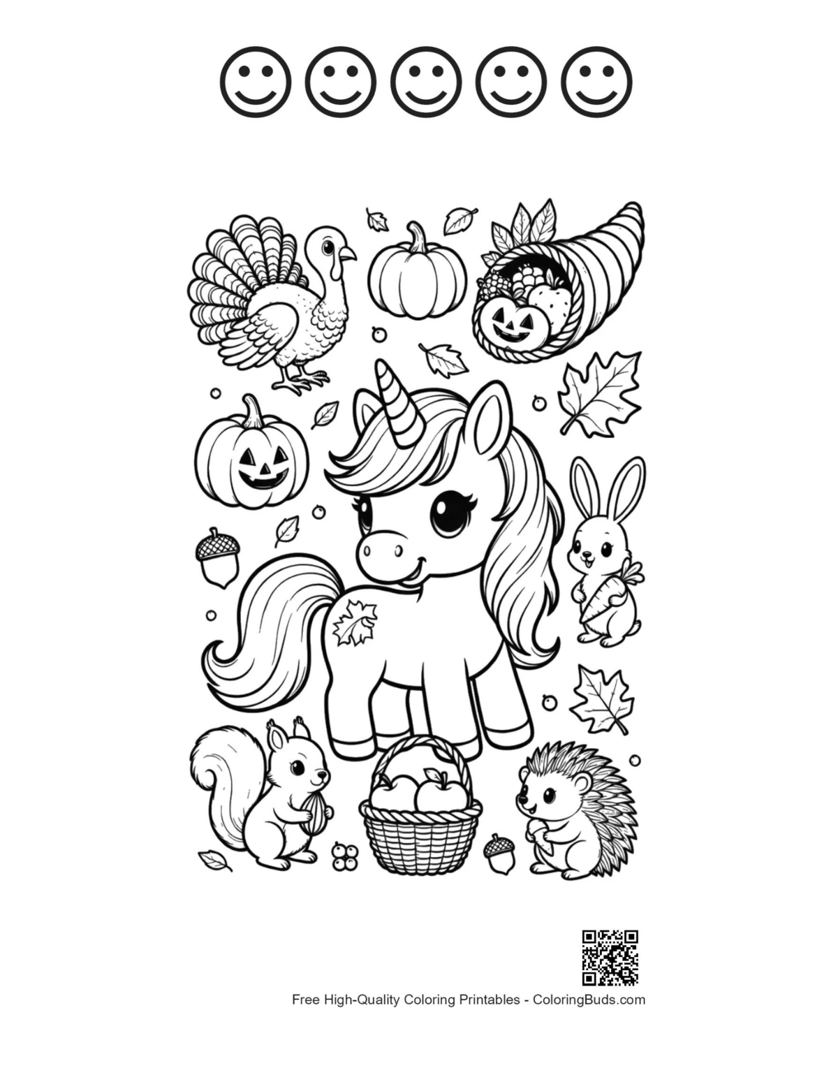 Easy rainbow unicorn printable with 5 happy faces for kids
